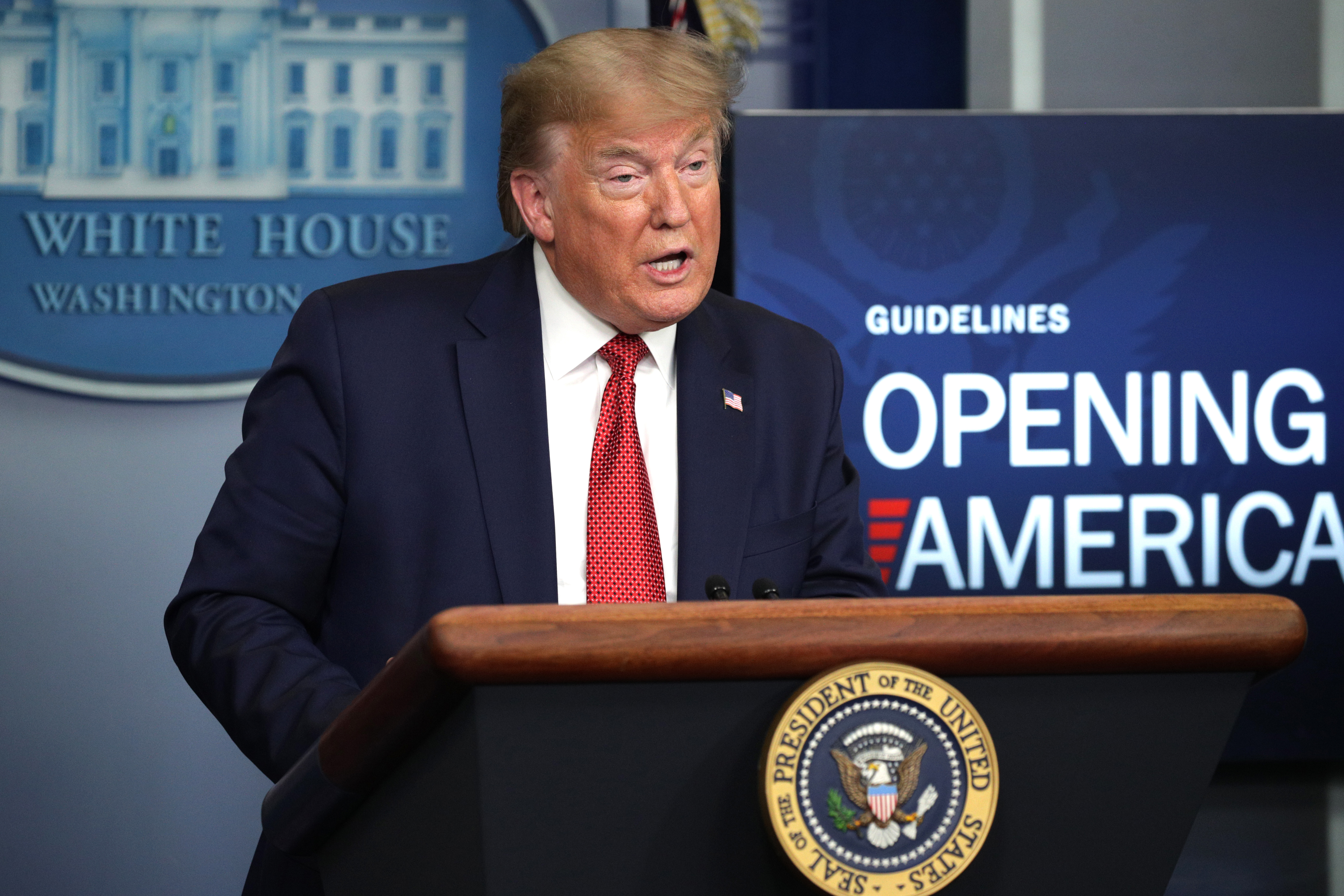 U.S. President Donald Trump speaks during the daily briefing of the White House Coronavirus Task Force in the briefing room at the White House April 16, 2020 in Washington, DC. (Alex Wong/Getty Images)