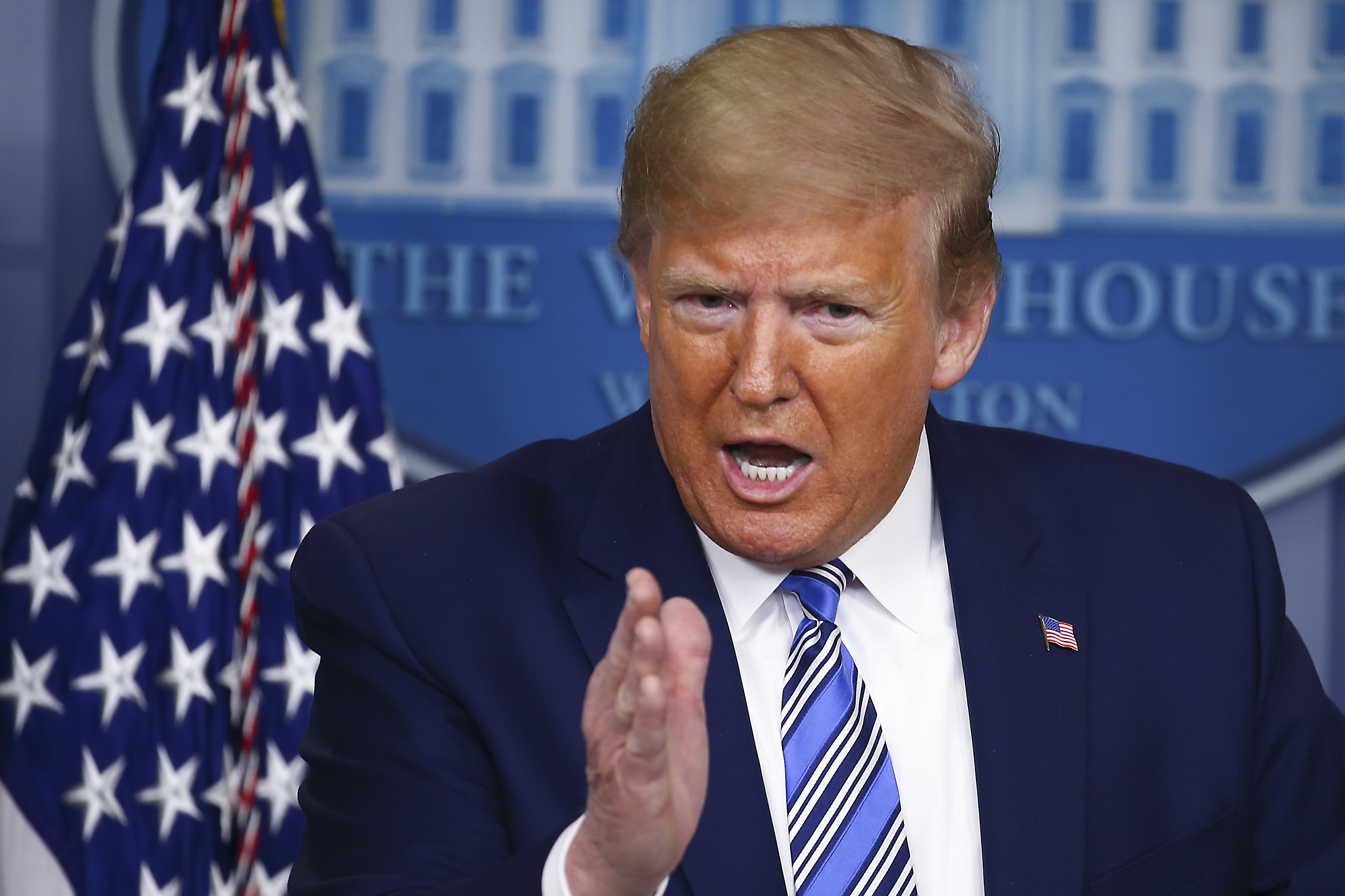 WASHINGTON, DC - APRIL 19: U.S. President Donald Trump takes questions at the daily coronavirus briefing at the White House on April 19, 2020 in Washington, DC. New York state will begin the nation's most aggressive COVID-19 antibody testing campaign this week even as some states begin to loosen restrictions amid pressure to restart the economy. (Photo by Tasos Katopodis/Getty Images)