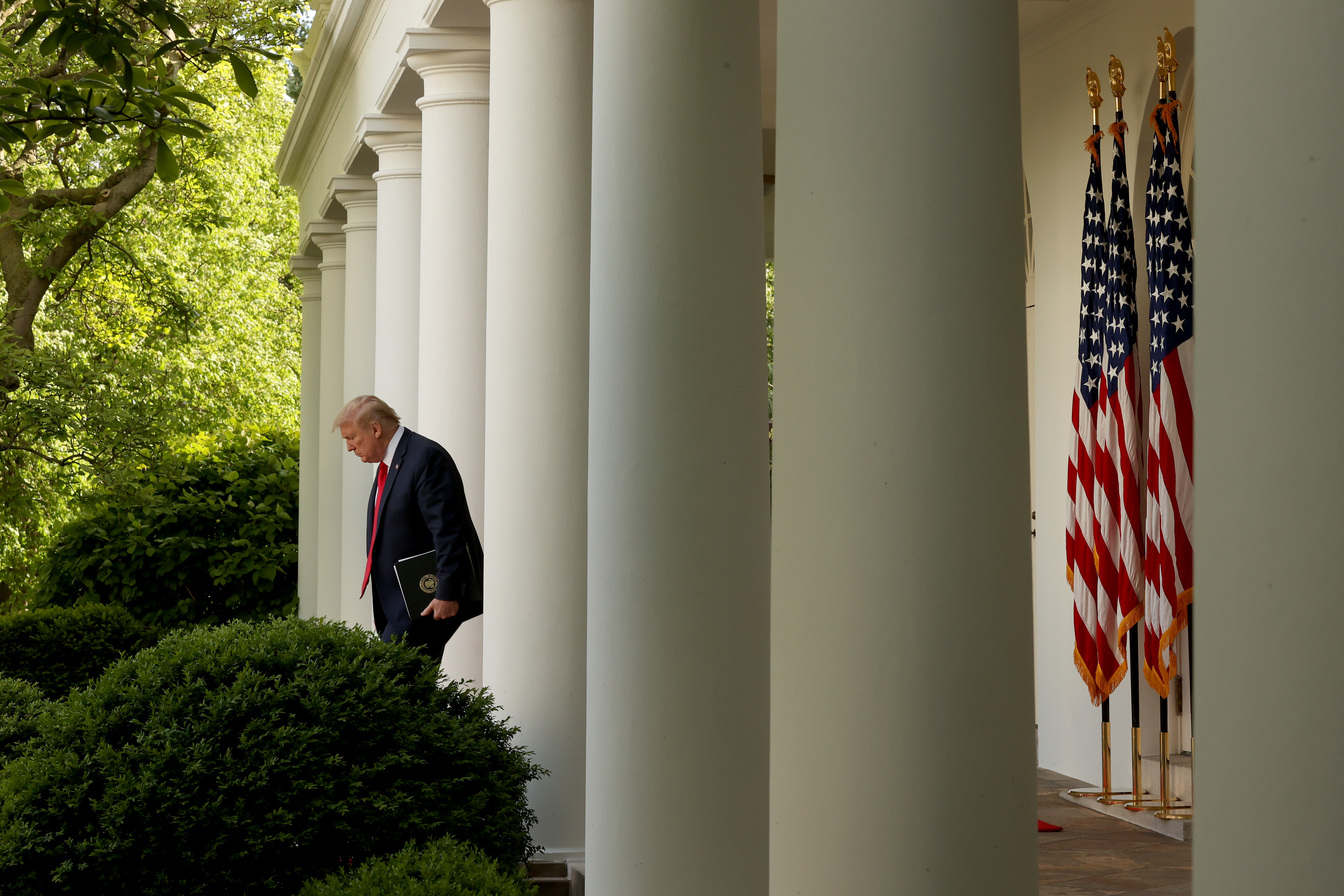 WASHINGTON, DC - APRIL 27: U.S. President Donald Trump walks out before the daily briefing of the coronavirus task force in the Rose Garden at the White House on April 27, 2020 in Washington, DC. Today's task force briefing is the first since Friday after not holding any over the weekend. (Photo by Win McNamee/Getty Images)