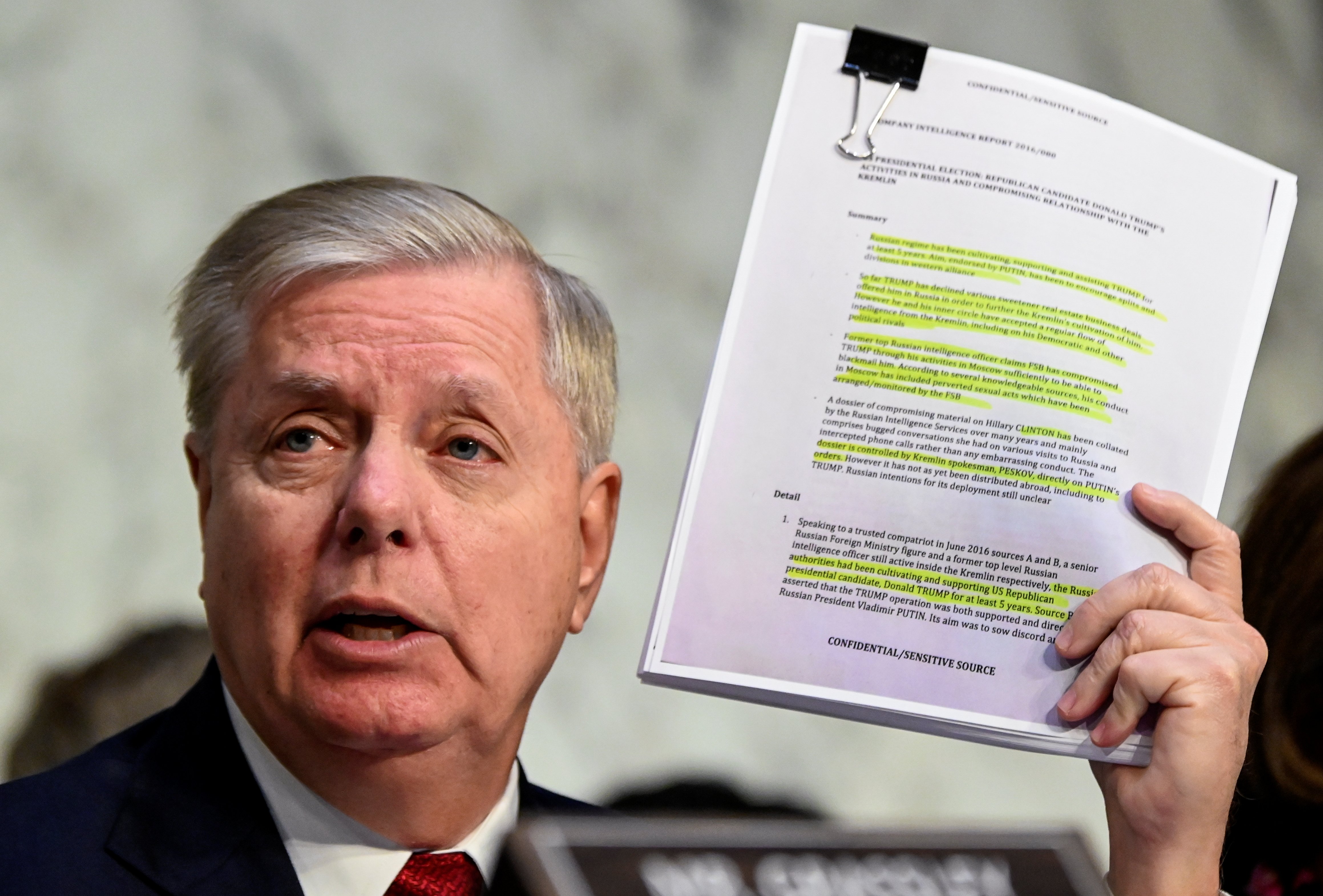 U.S. Senate Judiciary Committee Chairman Senator Lindsey Graham (R-SC) holds a copy of an intelligence report on the Steele dossier as he delivers an opening statement prior to hearing testimony from Justice Department Inspector General Michael Horowitz before a Senate Judiciary Committee hearing "Examining the Inspector General's report on alleged abuses of the Foreign Intelligence Surveillance Act (FISA)" on Capitol Hill in Washington, U.S., December 11, 2019. (REUTERS/Erin Scott - RC23TD9M7QI4)