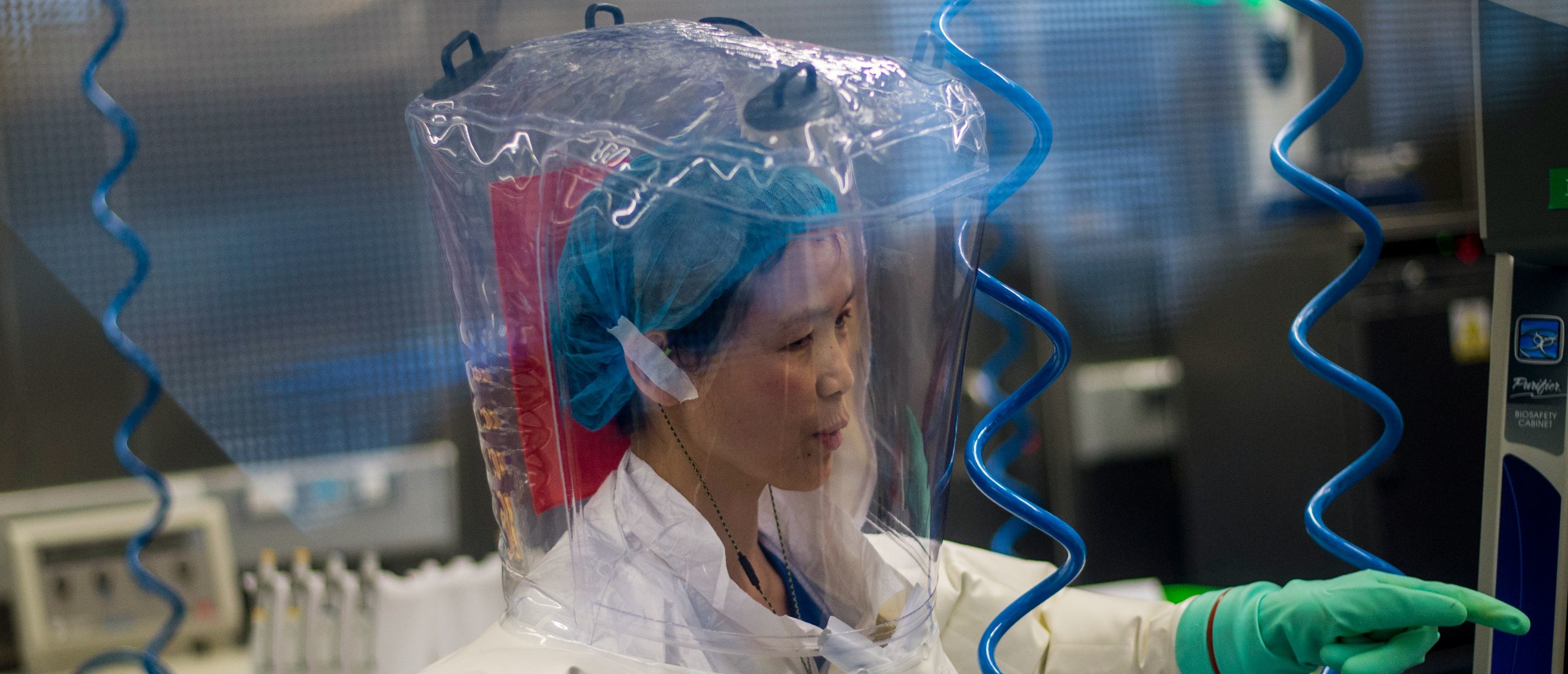 Chinese virologist Shi Zhengli is seen inside the P4 laboratory in Wuhan, capital of China's Hubei province, on February 23, 2017. - The P4 epidemiological laboratory was built in co-operation with French bio-industrial firm Institut Merieux and the Chinese Academy of Sciences. (Photo by Johannes EISELE / AFP) (Photo by JOHANNES EISELE/AFP via Getty Images)