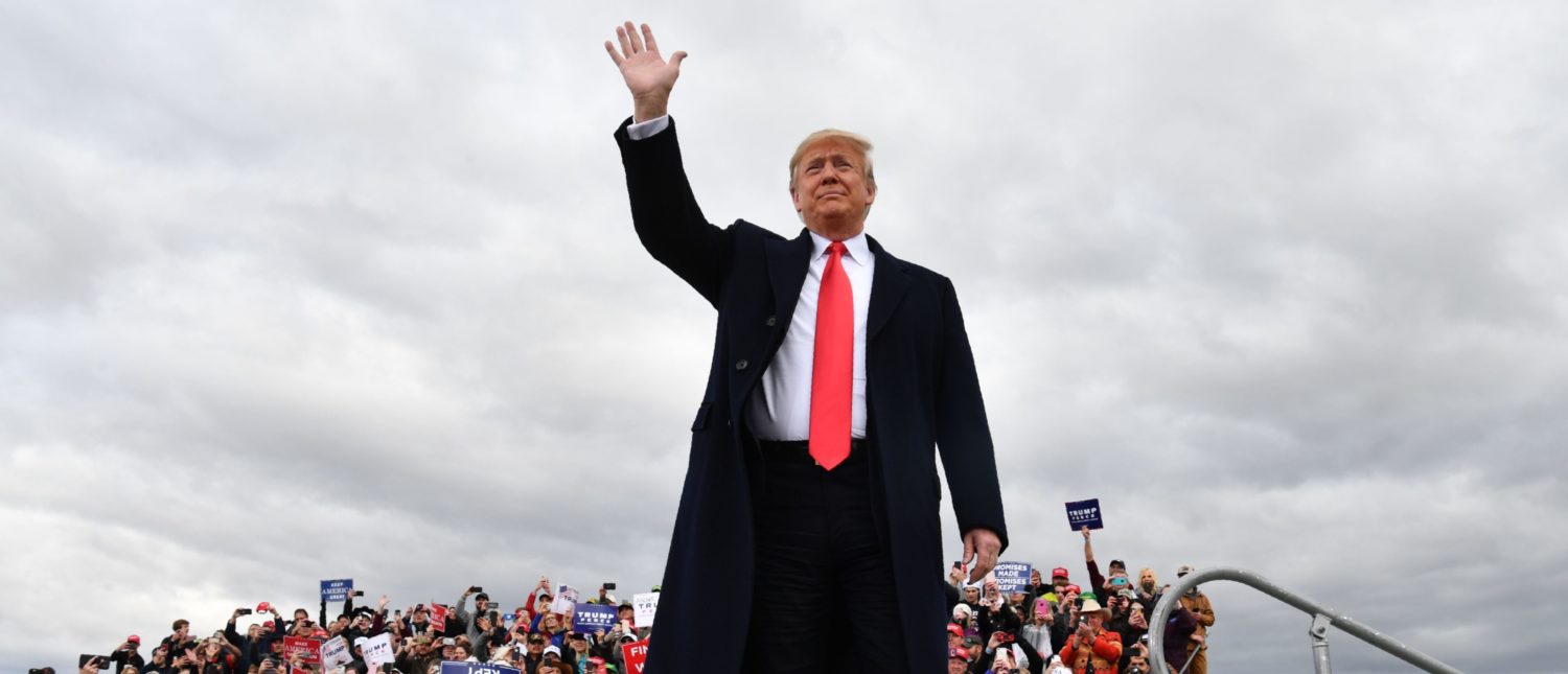 US President Donald Trump arrives for a "Make America Great Again" rally at Bozeman Yellowstone International Airport, November 3, 2018 in Belgrade, Montana. - With rallies in Montana and Florida, a state he had already visited on Wednesday, Trump on Saturday is keeping up his relentless campaign schedule before Tuesday's ballot, which has become a referendum on his unconventional presidency. (Nicholas Kamm/AFP via Getty Images)