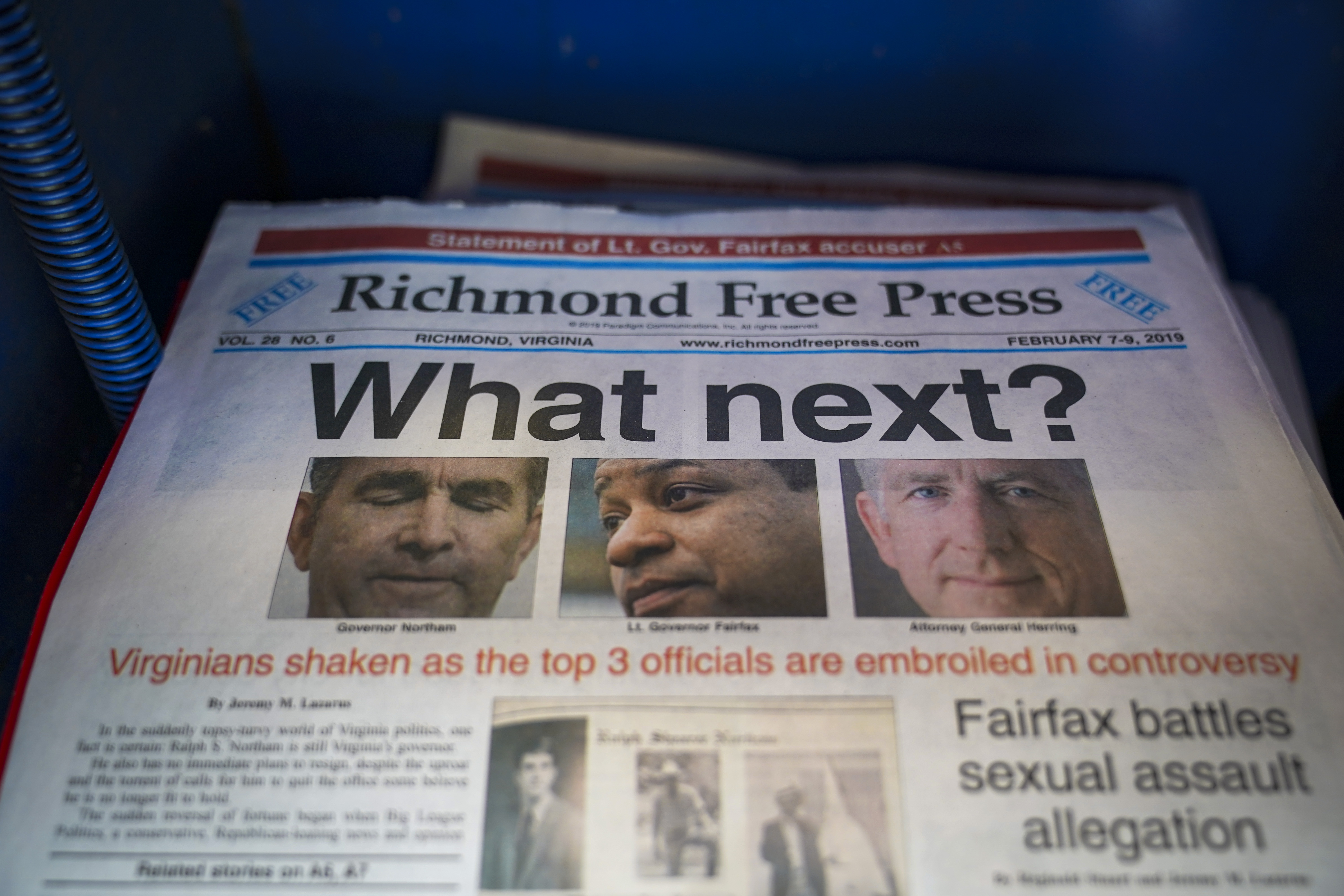 A local newspaper the Richmond Free Press, with a front page featuring top Virginia state officials embroiled in controversies, sits for sale in a newsstand near the Virginia State Capitol, February 9, 2019 in Richmond, Virginia. (Drew Angerer/Getty Images)