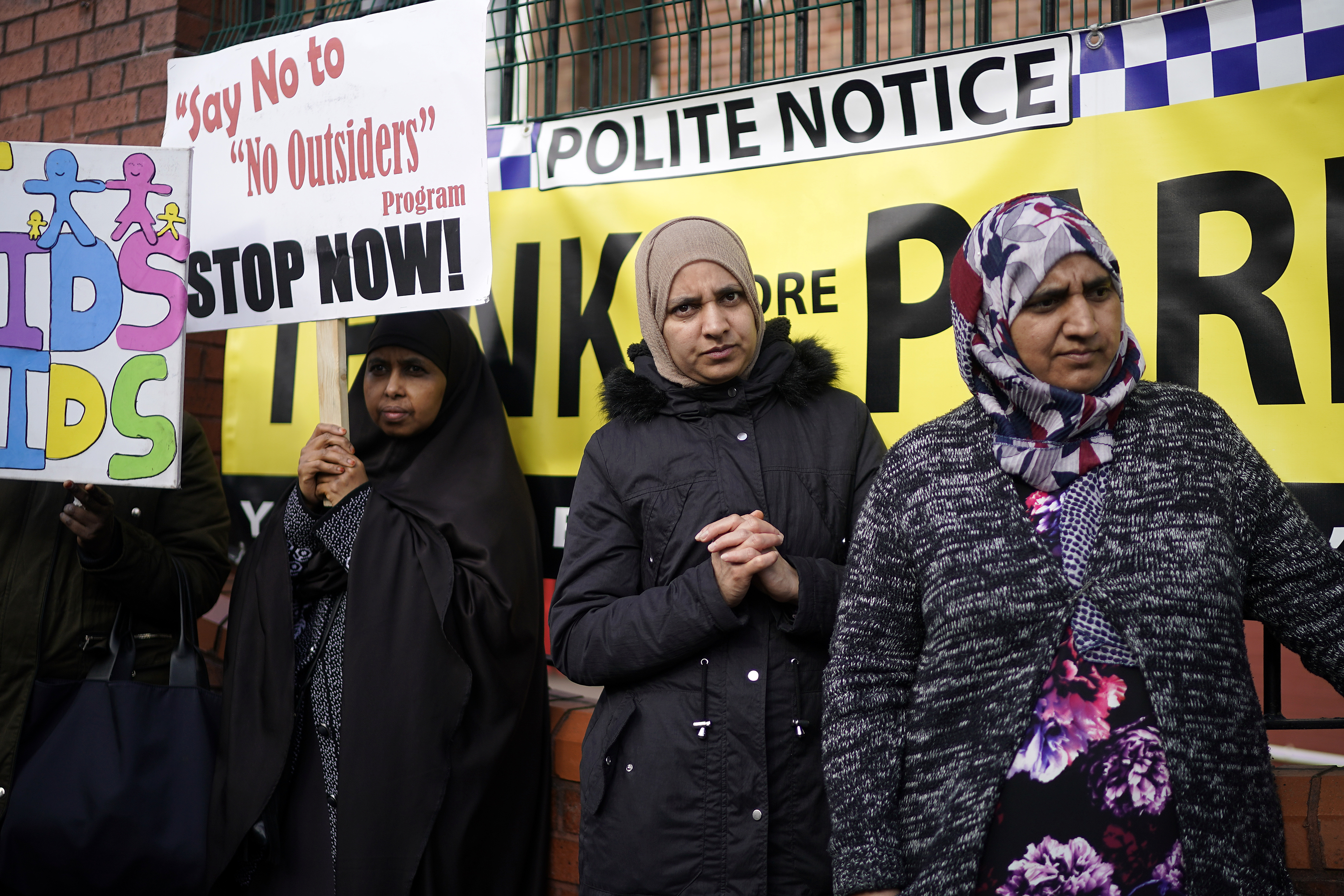 Parents, children and protestors demonstrate against the 'No Outsiders' programme, which teaches children about LGBT rights, at Parkfield Community School on March 21, 2019 in Birmingham, England. (Photo by Christopher Furlong/Getty Images)