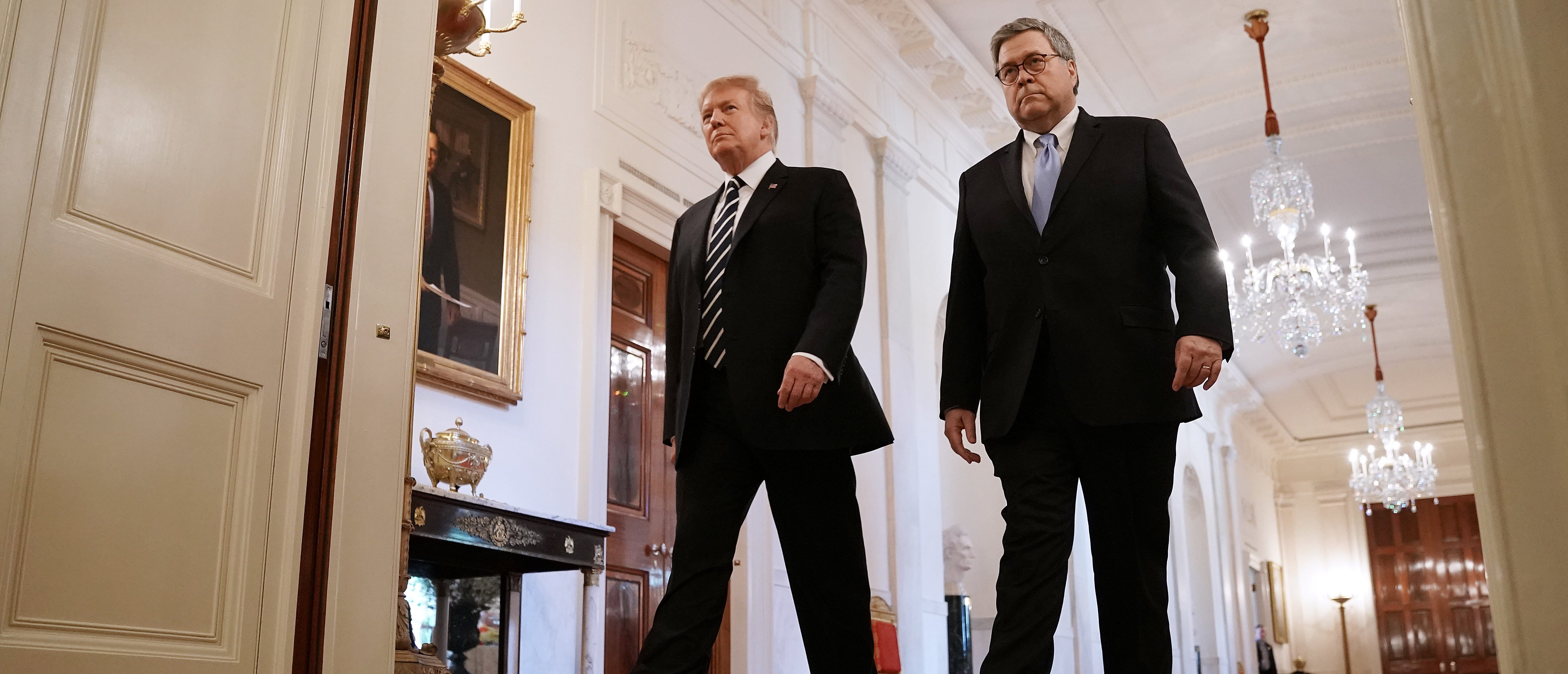 WASHINGTON, DC - MAY 22: U.S. President Donald Trump (L) and Attorney General William Barr arrive together for the presentation