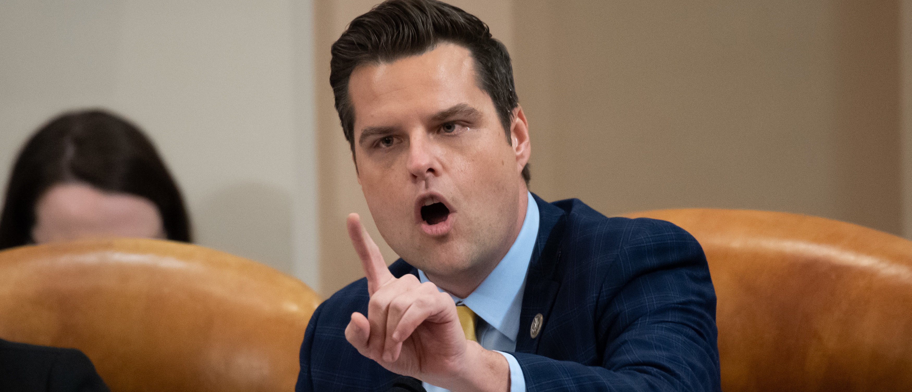 Representative Matt Gaetz, Republican of Florida, questions witnesses at a House Judiciary Committee hearing on the impeachment of US President Donald Trump on Capitol Hill in Washington, DC, December 4, 2019. - The next phase of impeachment begun December 4 in the US Congress, as lawmakers weigh charges against Donald Trump, after the high-stakes inquiry into the president detailed "overwhelming" evidence of abuse of power and obstruction. Four constitutional scholars will testify before the House Judiciary Committee in the first of a series of hearings to establish the gravity of Trump's alleged crimes. (Photo by SAUL LOEB/POOL/AFP via Getty Images)