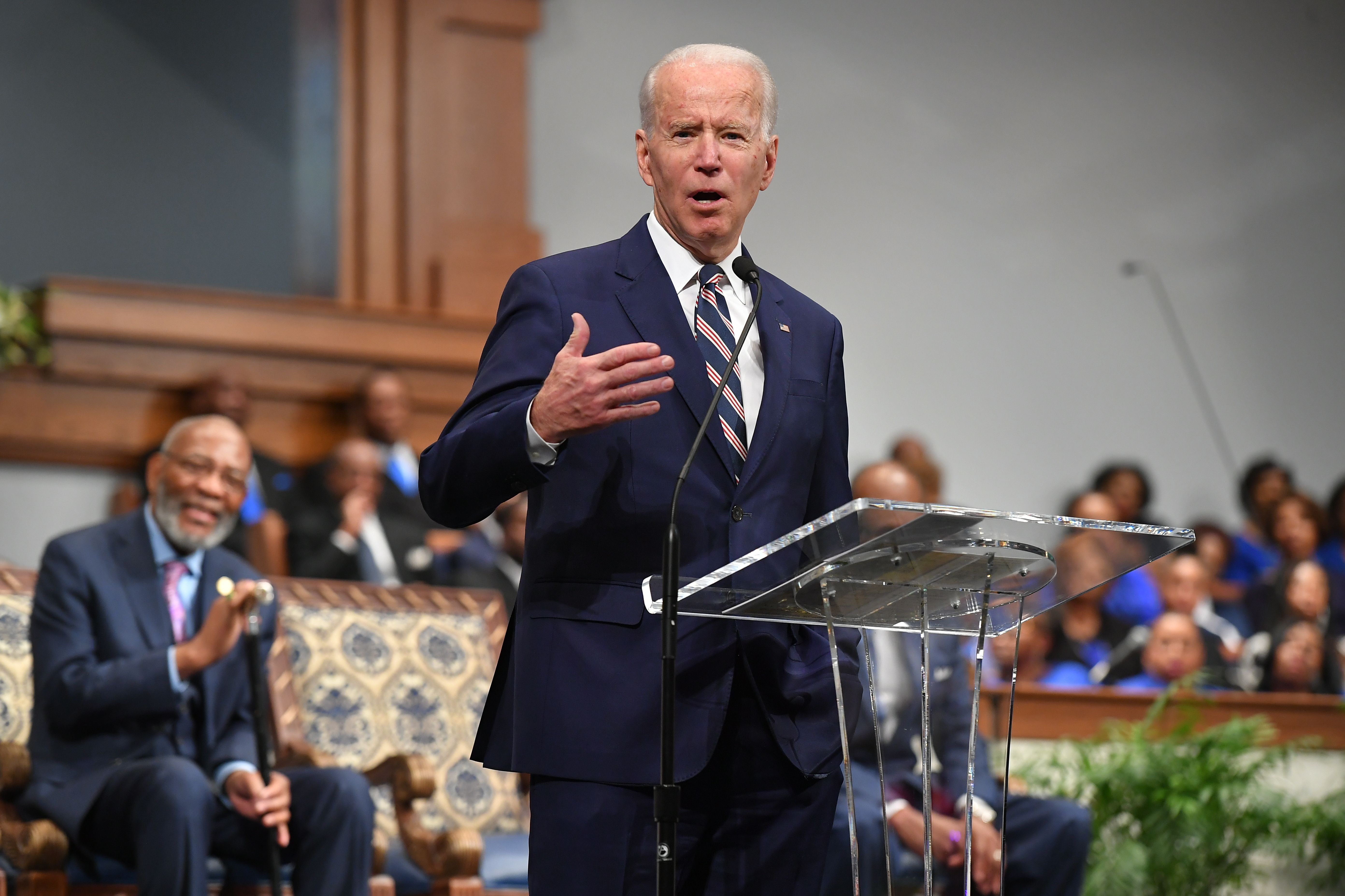 Democratic presidential candidate Joe Biden speaks as he attends Sunday service at the New Hope Baptist Church in Jackson, Mississippi on March 8, 2020. (MANDEL NGAN/AFP via Getty Images)