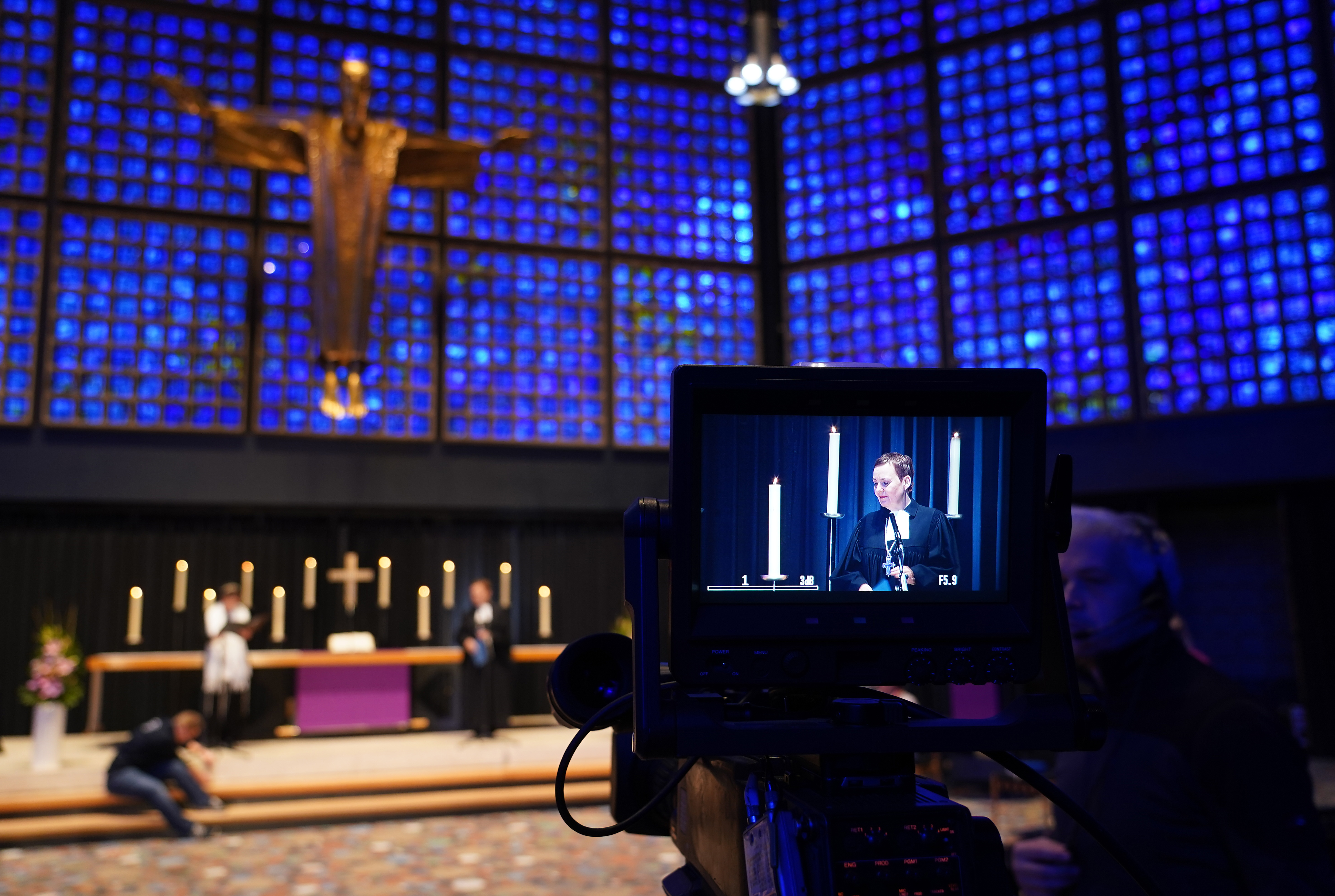 Protestant theologian Ulrike Trautwein prepares for a an interfaith church service at the Kaiser Wilhelm Memorial Church that was to be broadcast live on television on March 22, 2020 in Berlin, Germany. (Photo by Sean Gallup/Getty Images)