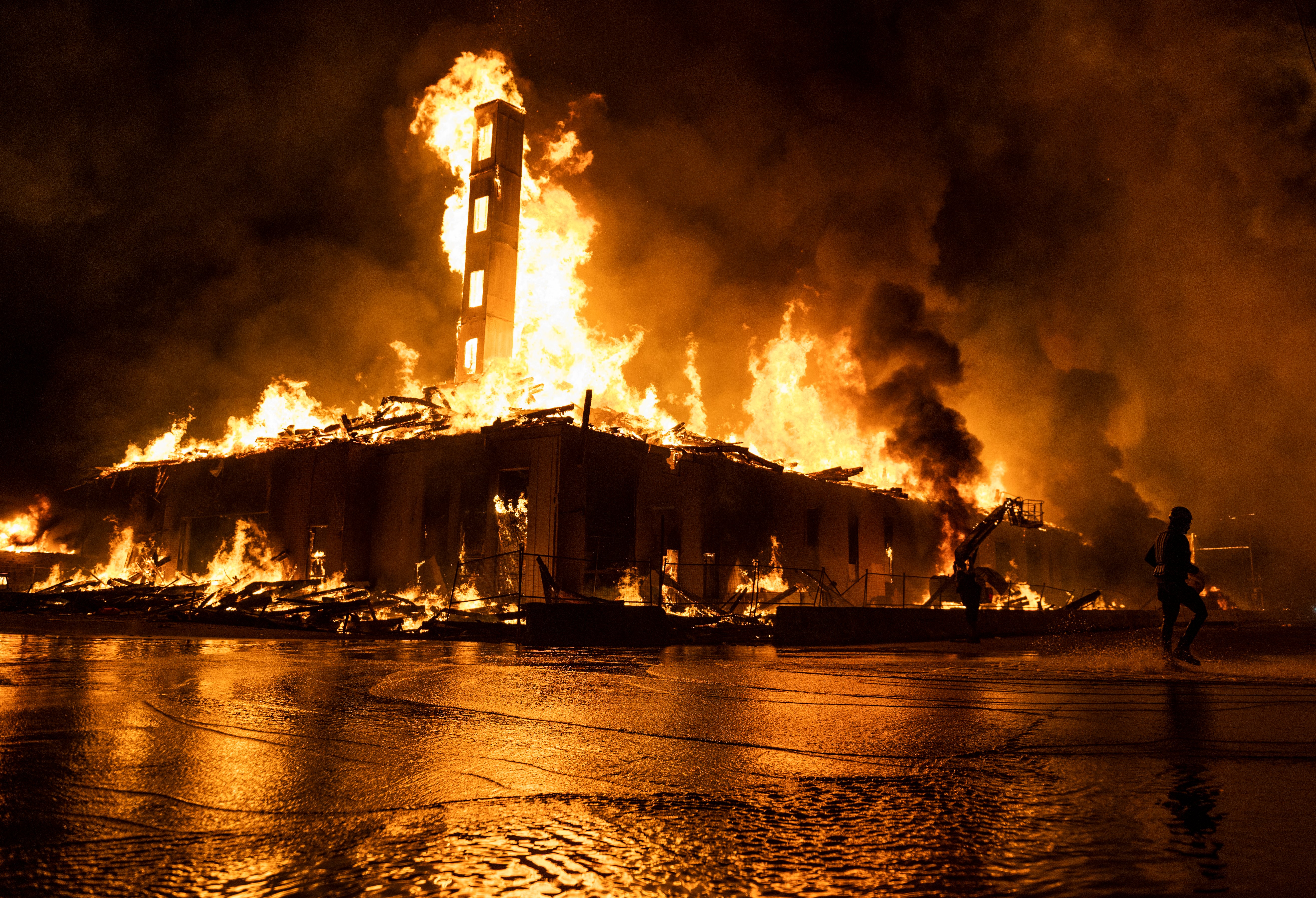 A construction site burns in a large fire near the Third Police Precinct on May 27, 2020 in Minneapolis, Minnesota. (Stephen Maturen/Getty Images)
