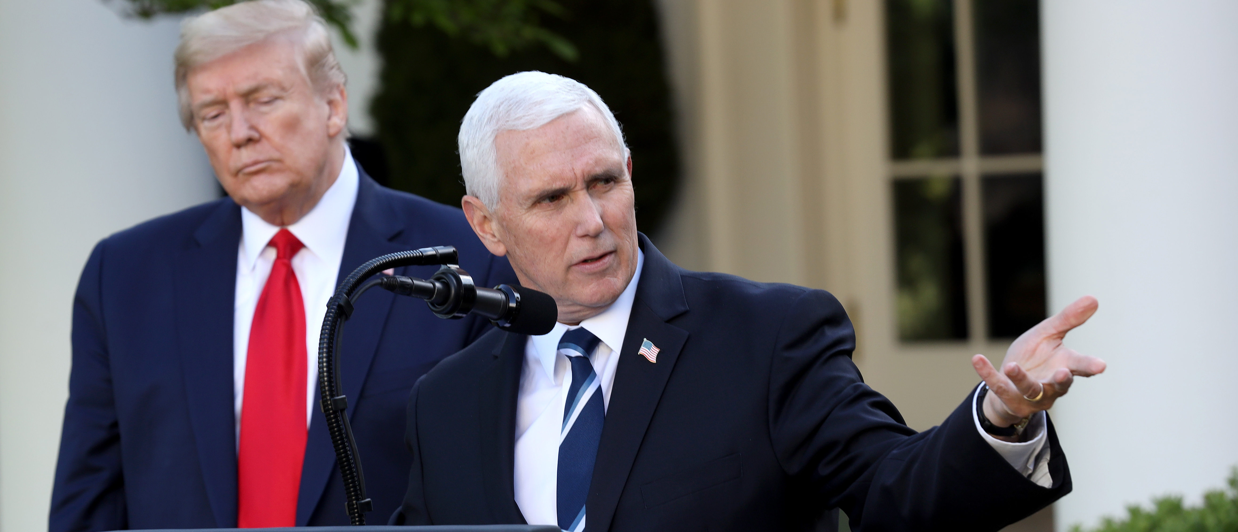 WASHINGTON, DC - APRIL 27: U.S. President Donald Trump listens as Vice president Mike Pence answers questions during the daily briefing of the coronavirus task force in the Rose Garden of the White House on April 27, 2020 in Washington, DC. Today's task force briefing is the first since Friday. (Photo by Win McNamee/Getty Images)