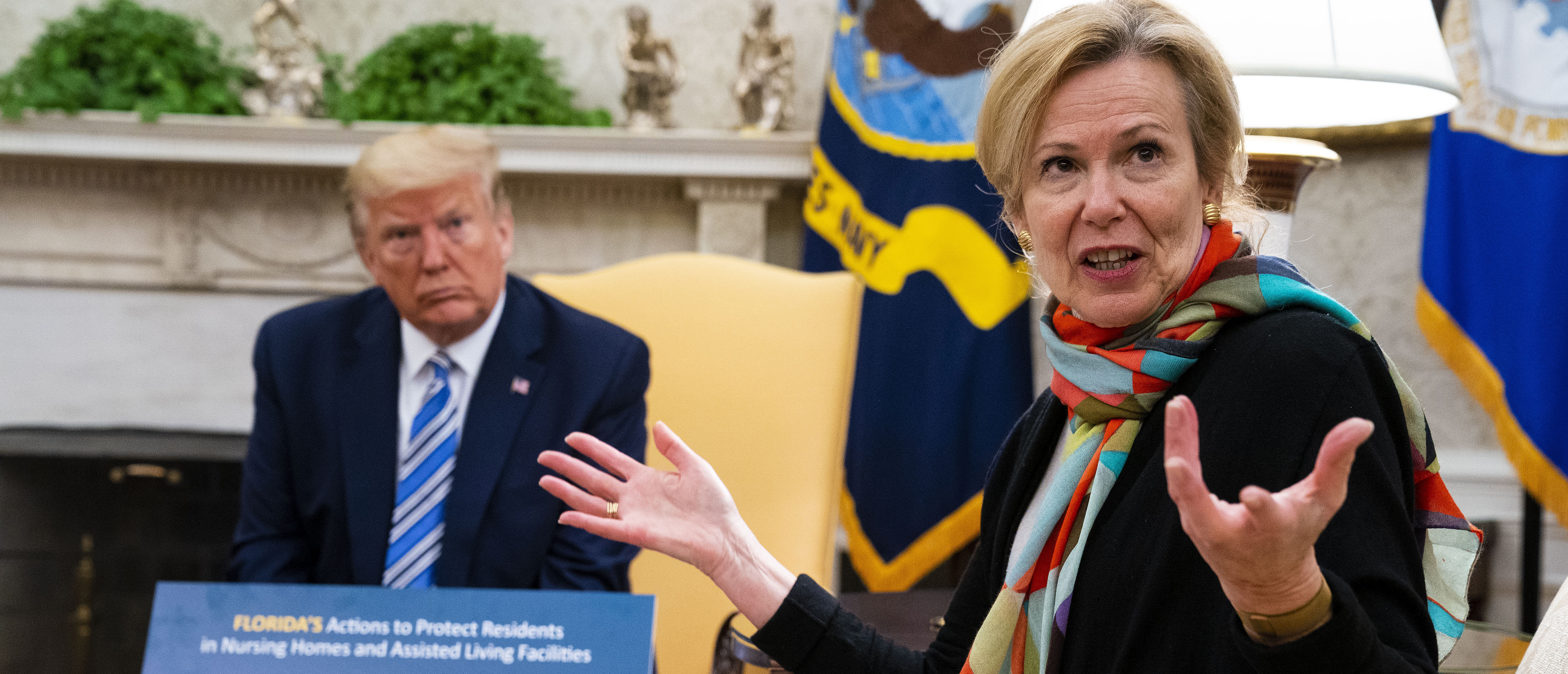 WASHINGTON, DC - APRIL 28: White House Coronavirus Task Force Coordinator Deborah Birx answers a question while meeting with Florida Gov. Ron DeSantis and U.S. President Donald Trump and in the Oval Office of the White House on April 28, 2020 in Washington, DC. Trump met with DeSantis to discuss ways that Florida is planning to gradually re-open the state in the wake of the COVID-19 pandemic. (Photo by Doug Mills/The New York Times/Pool/Getty Images)