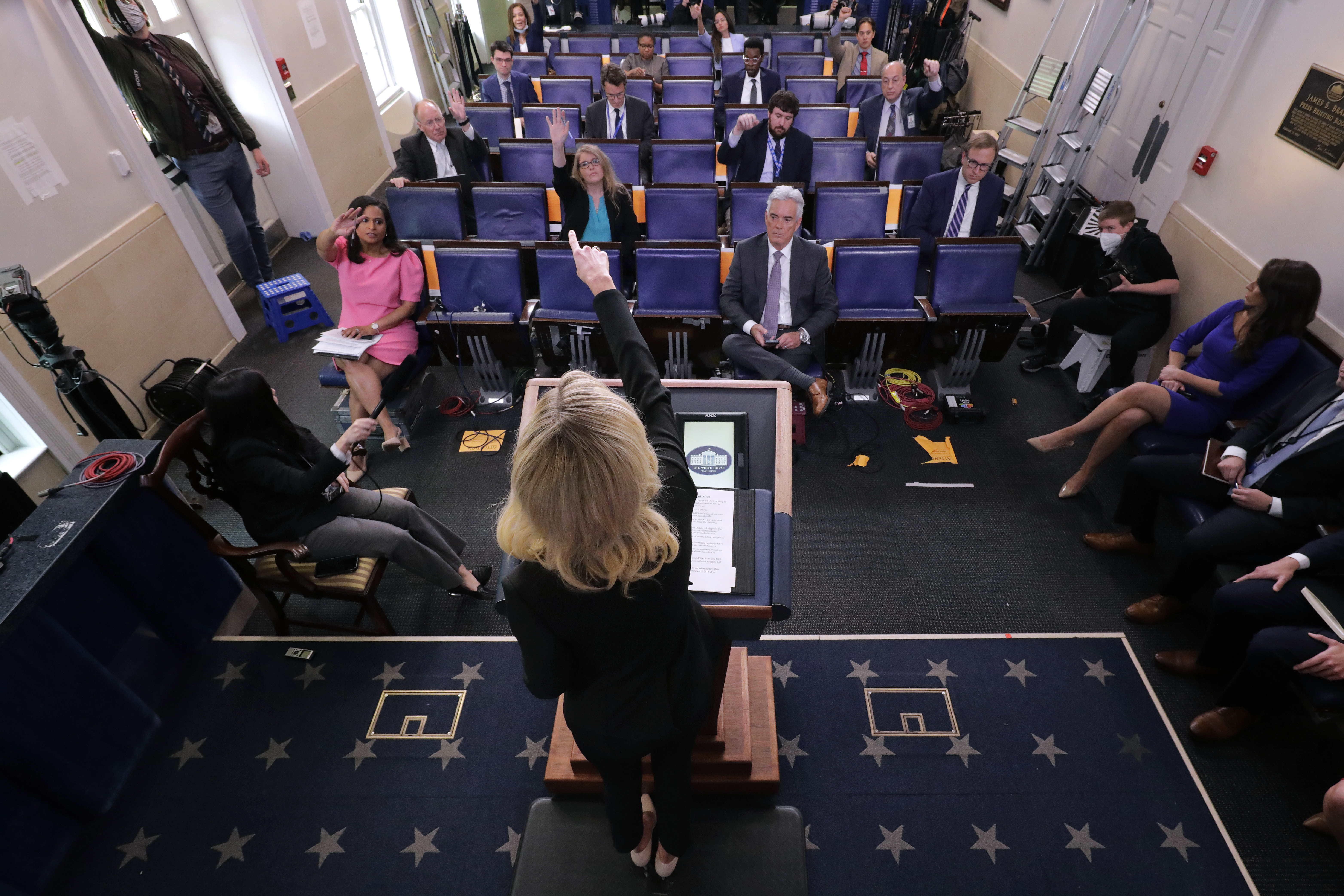 WASHINGTON, DC - MAY 01: White House Press Secretary Kayleigh McEnany calls on reporters during her first on-camera news conference in the James Brady Press Briefing Room at the White House May 01, 2020 in Washington, DC. Appointed on April 7, McEnany became President Donald Trump's fourth press secretary in just over three years. This was the first formal briefing by a White House press secretary since Sarah Huckabee Sanders answered questions from the podium on March 11, 2019. (Photo by Chip Somodevilla/Getty Images)