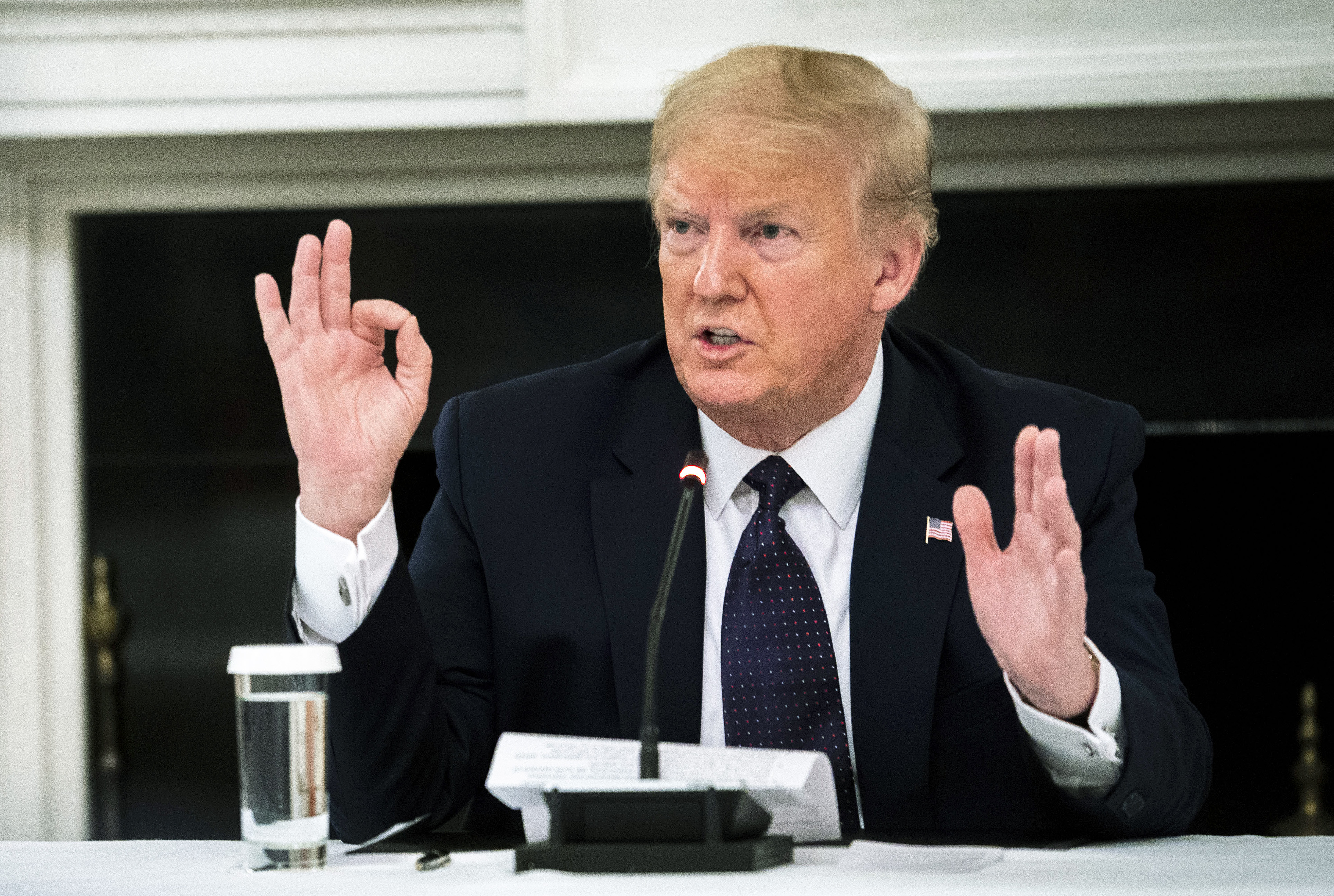 WASHINGTON, DC - MAY 18: U.S. President Donald Trump speaks during a roundtable in the State Dining Room of the White House May 18, 2020 in Washington, DC. President Trump held a roundtable meeting with Restaurant Executives and Industry Leaders at the White House today. (Photo by Doug Mills - Pool/Getty Images)