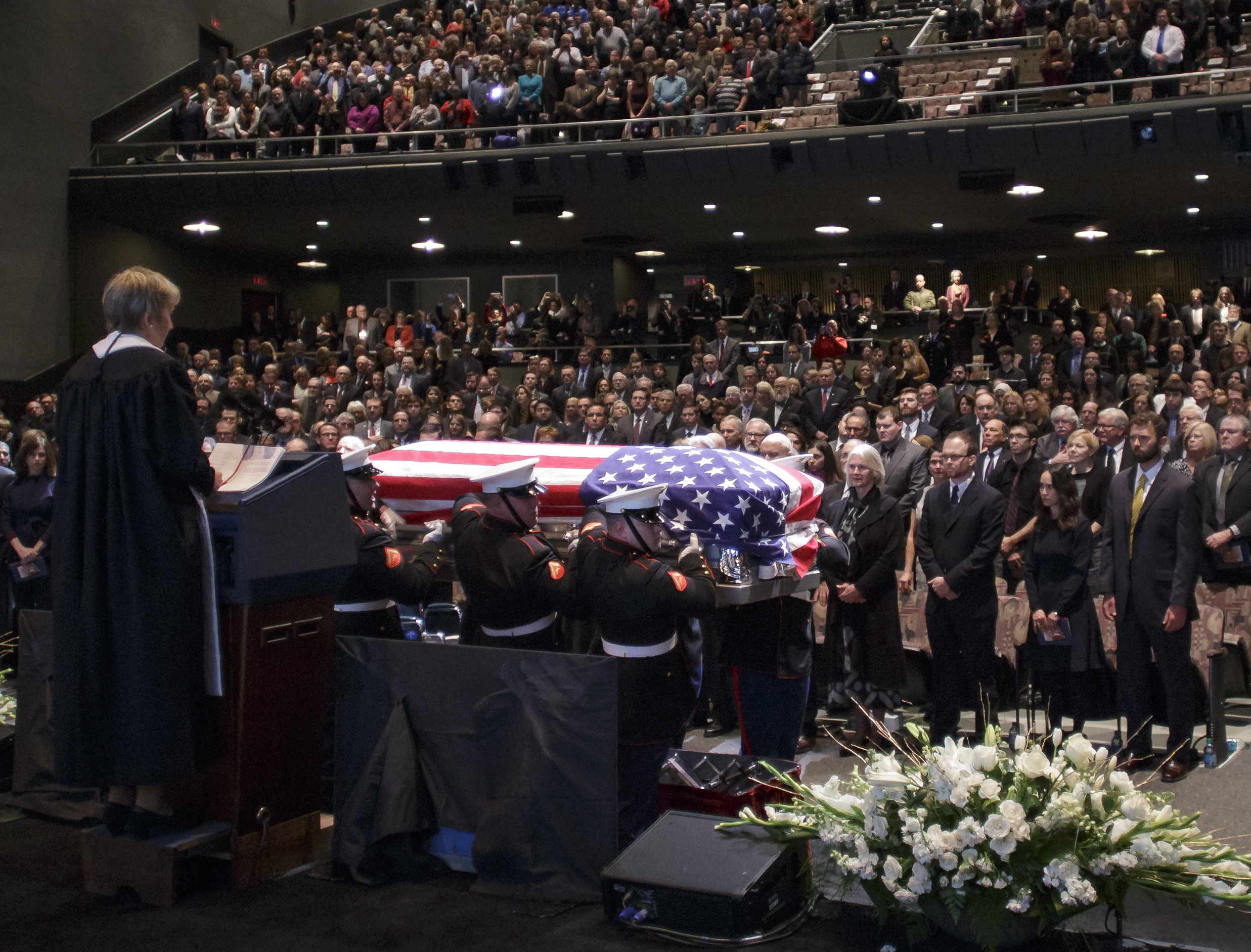 In this handout provided by the National Aeronautics and Space Administration (NASA), Marines, from Marine Barracks Washington, carry in the casket of former astronaut and U.S. Senator John Glenn during a ceremony to celebrate his life, Saturday, December 17, 2016 at The Ohio State University, Mershon Auditorium in Columbus, Ohio. Glenn, who died at age 95, was the first American to orbit the Earth. He will be honored in a memorial service at Ohio State University's Mershon Auditorium. (Photo by Bill Ingalls/NASA via Getty Images)
