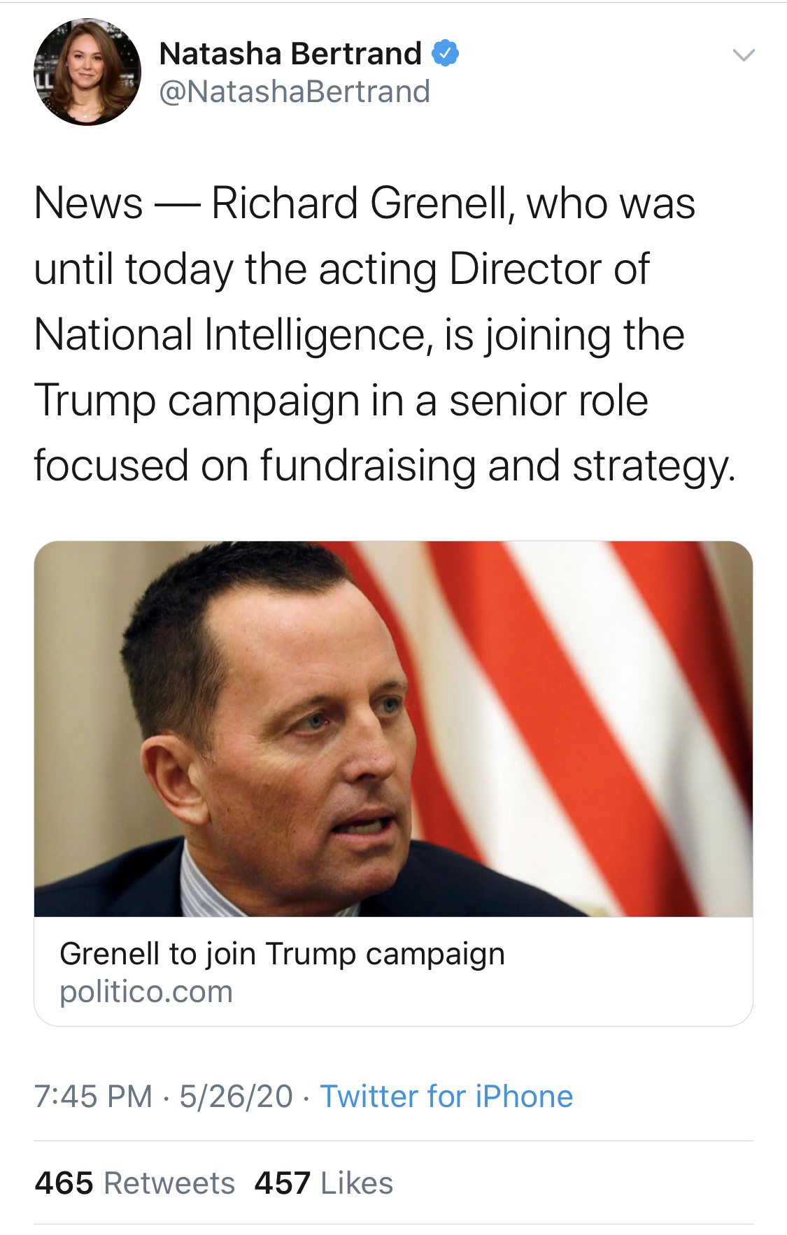 Natasha Bertrand, a Politico reporter, deleted a tweet where she shared the Politico report that Grenell has since pushed back on. (Screenshot Twitter Natasha Bertrand)