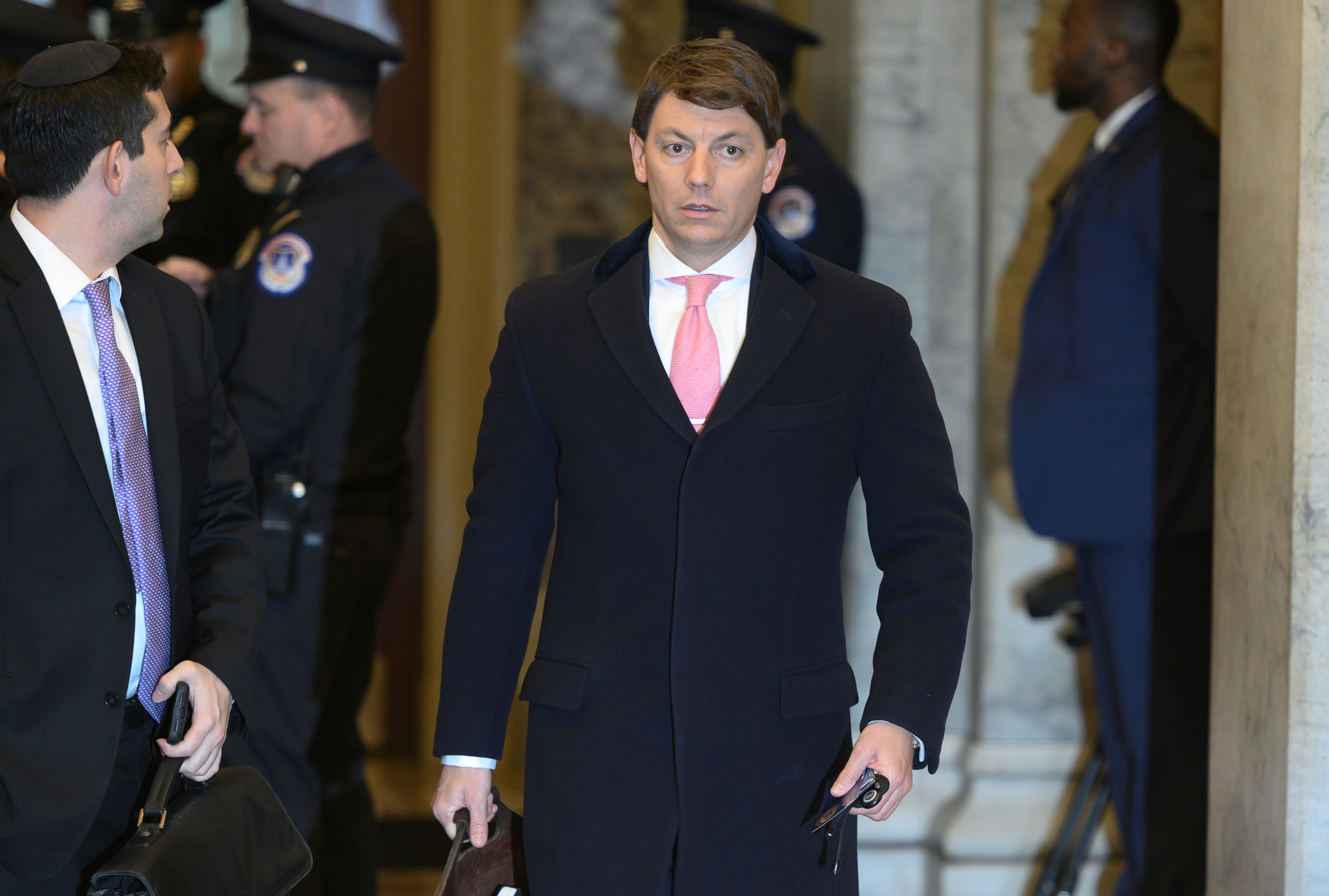 Hogan Gidley, the White House Principal Deputy Press Secretary, arrives for the Senate impeachment trial of Trump at the US Capitol in Washington, DC, January 23, 2020. - Democrats accused US President Donald Trump at his historic Senate impeachment trial of seeking to cheat to ensure re-election in November, and called for "courage" by the president's fellow Republicans while considering the case against him. (Photo by ANDREW CABALLERO-REYNOLDS/AFP via Getty Images)
