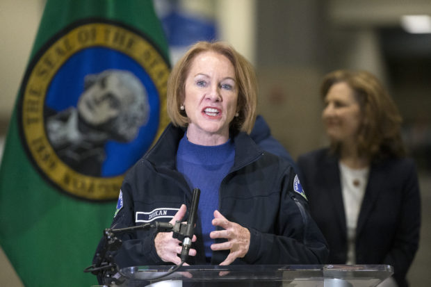 SEATTLE, WA - MARCH 28: Mayor Jenny Durkan at Army Field Hospital In Seattle (Photo by Karen Ducey/Getty Images)