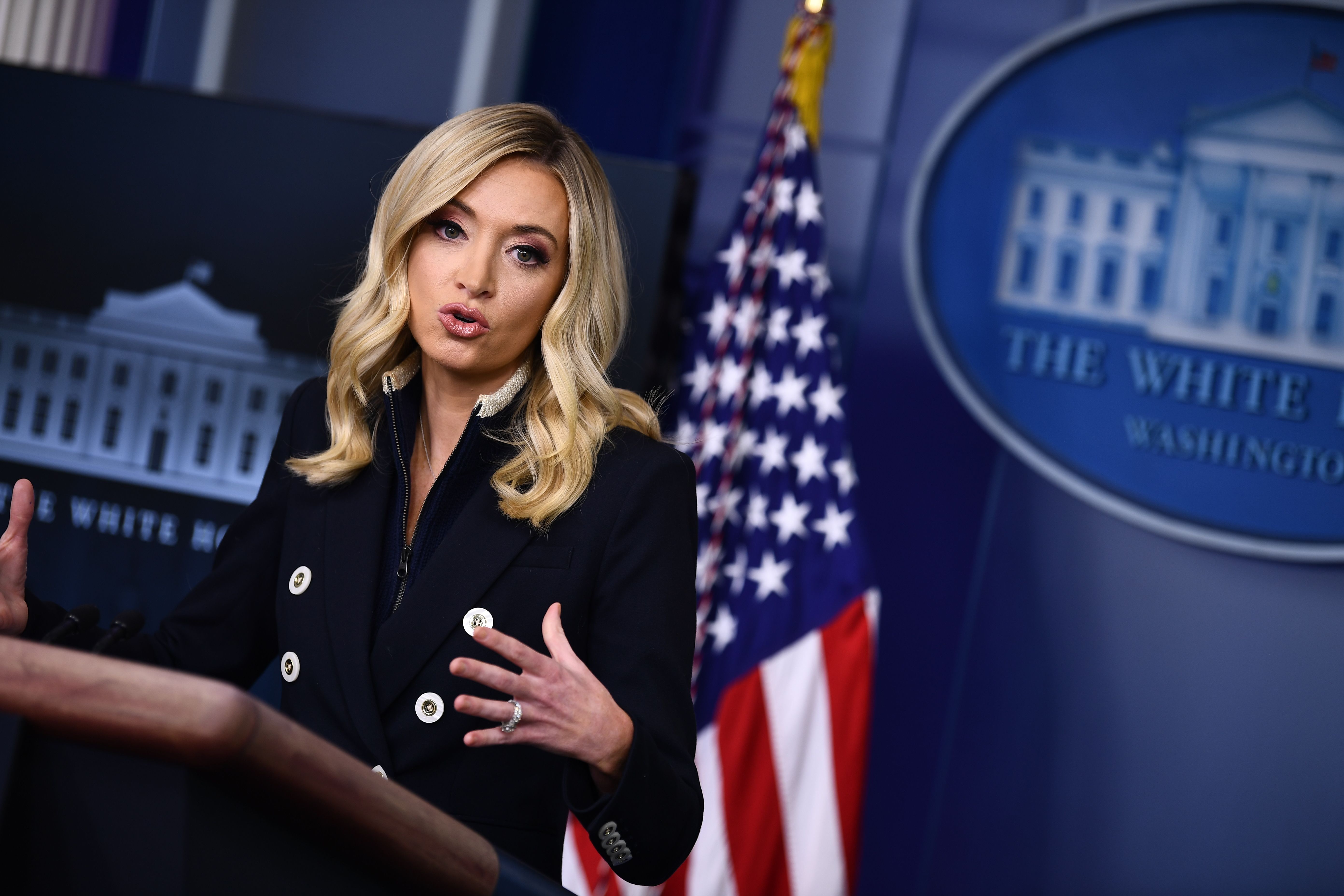 White House Press Secretary Kayleigh McEnany speaks to the press on June 1, 2020, in the Brady Briefing Room of the White House in Washington, DC. (Photo by Brendan Smialowski / AFP) (Photo by BRENDAN SMIALOWSKI/AFP via Getty Images)White House Press Secretary Kayleigh McEnany speaks to the press on June 1, 2020, in the Brady Briefing Room of the White House in Washington, DC. (Photo by BRENDAN SMIALOWSKI/AFP via Getty Images)
