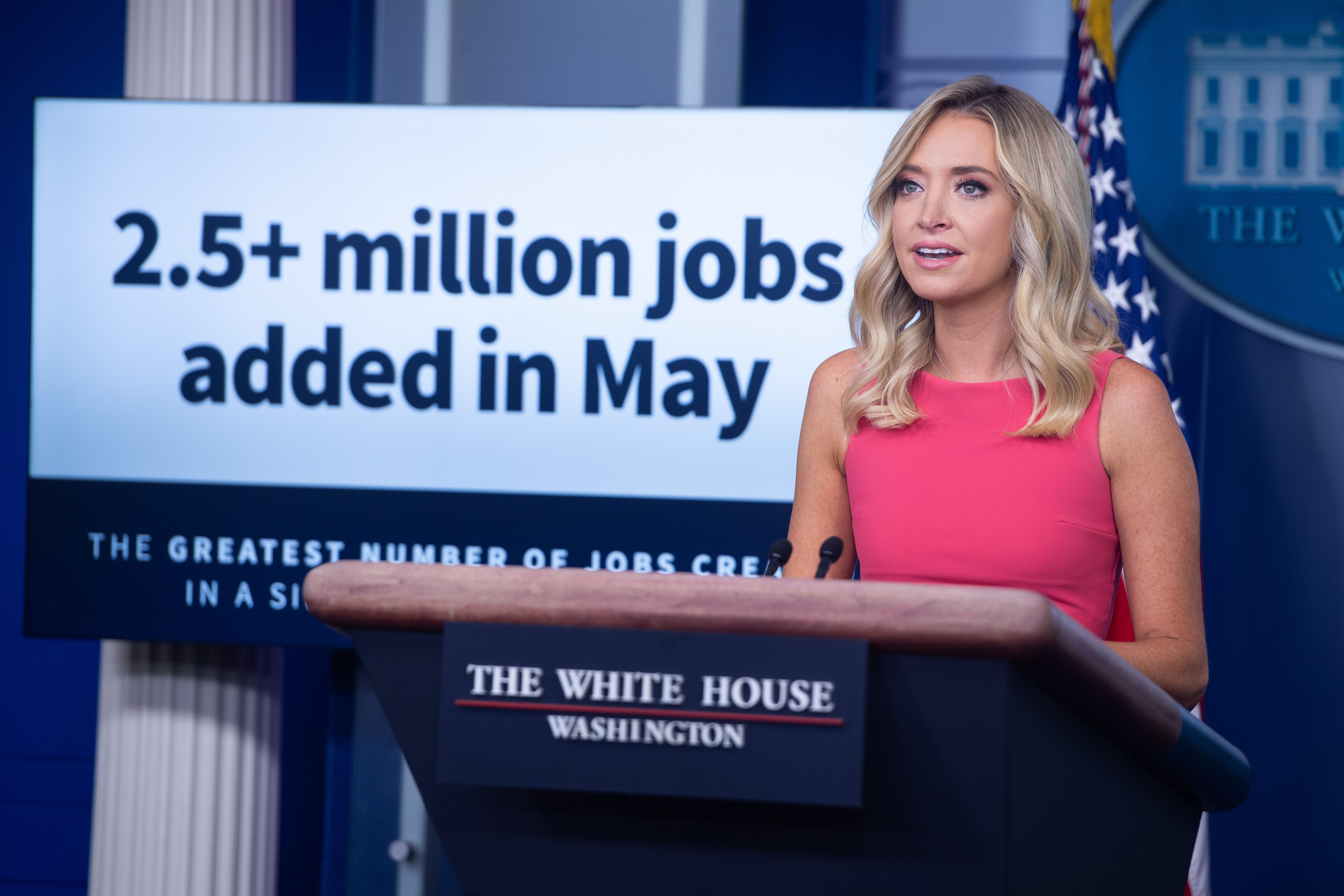 White House Press Secretary Kayleigh McEnany holds a press briefing at the White House in Washington, DC, June 8, 2020. - Democratic lawmakers knelt in silent tribute to George Floyd in the US Congress on June 8, 2020 before unveiling a package of sweeping police reforms in response to the killing of African Americans by law enforcement. (Photo by SAUL LOEB/AFP via Getty Images)
