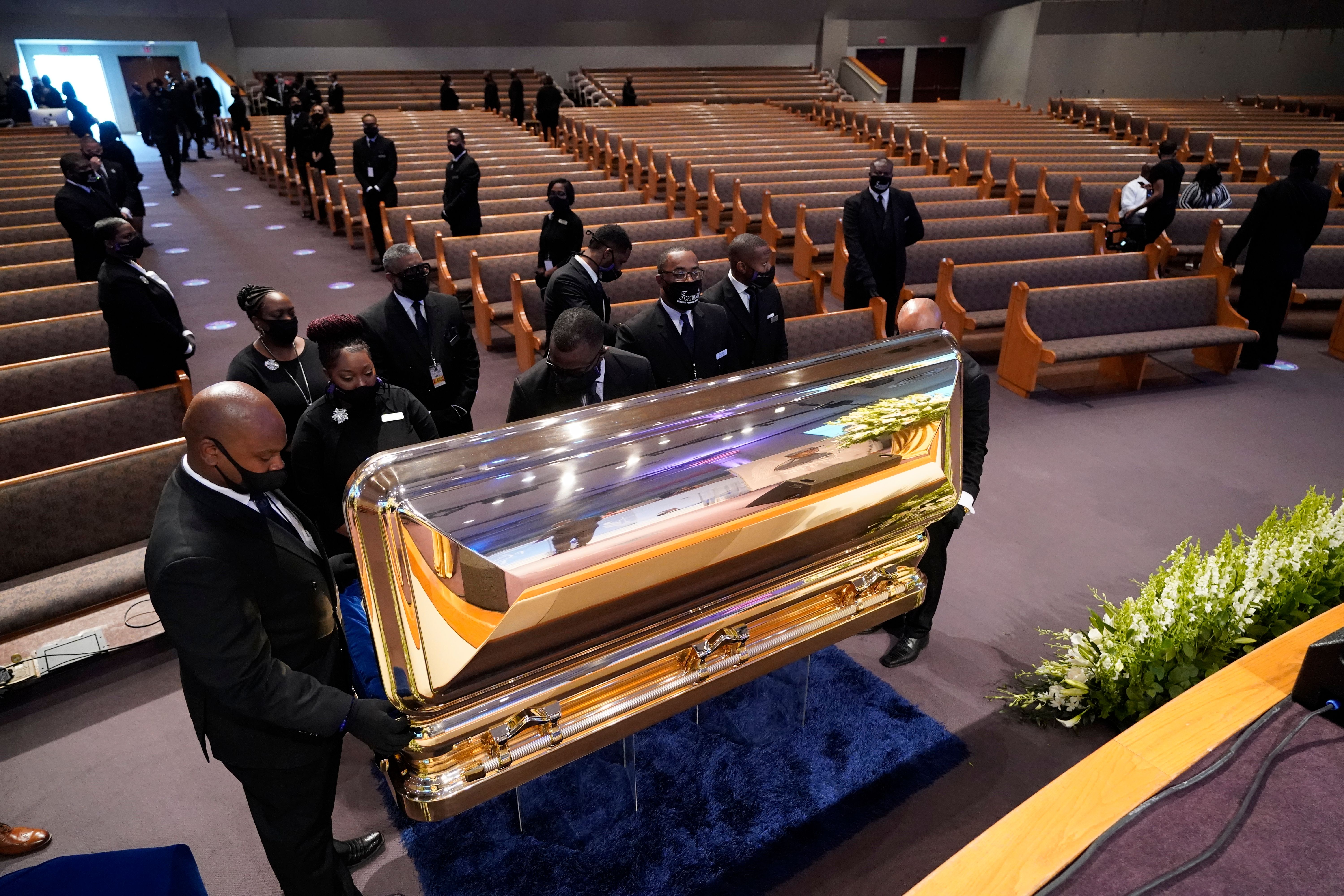 The casket of George Floyd is placed in the chapel during a funeral service on June 9, 2020, at The Fountain of Praise church in Houston, Texas. (DAVID J. PHILLIP/POOL/AFP via Getty Images)