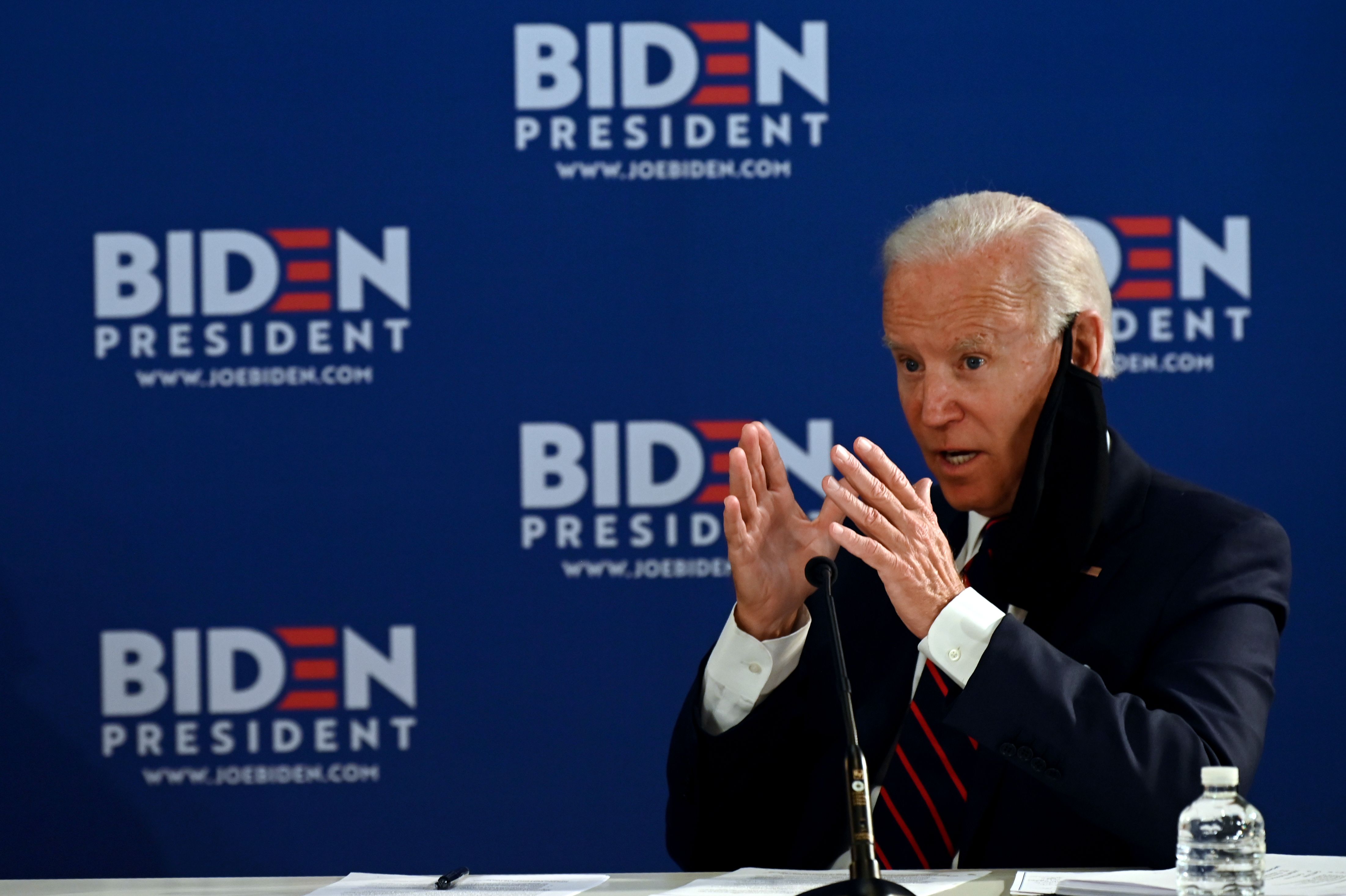 Democratic presidential candidate Joe Biden holds a roundtable meeting on reopening the economy with community leaders at the Enterprise Center in Philadelphia, Pennsylvania, on June 11, 2020. (Photo by JIM WATSON/AFP via Getty Images)