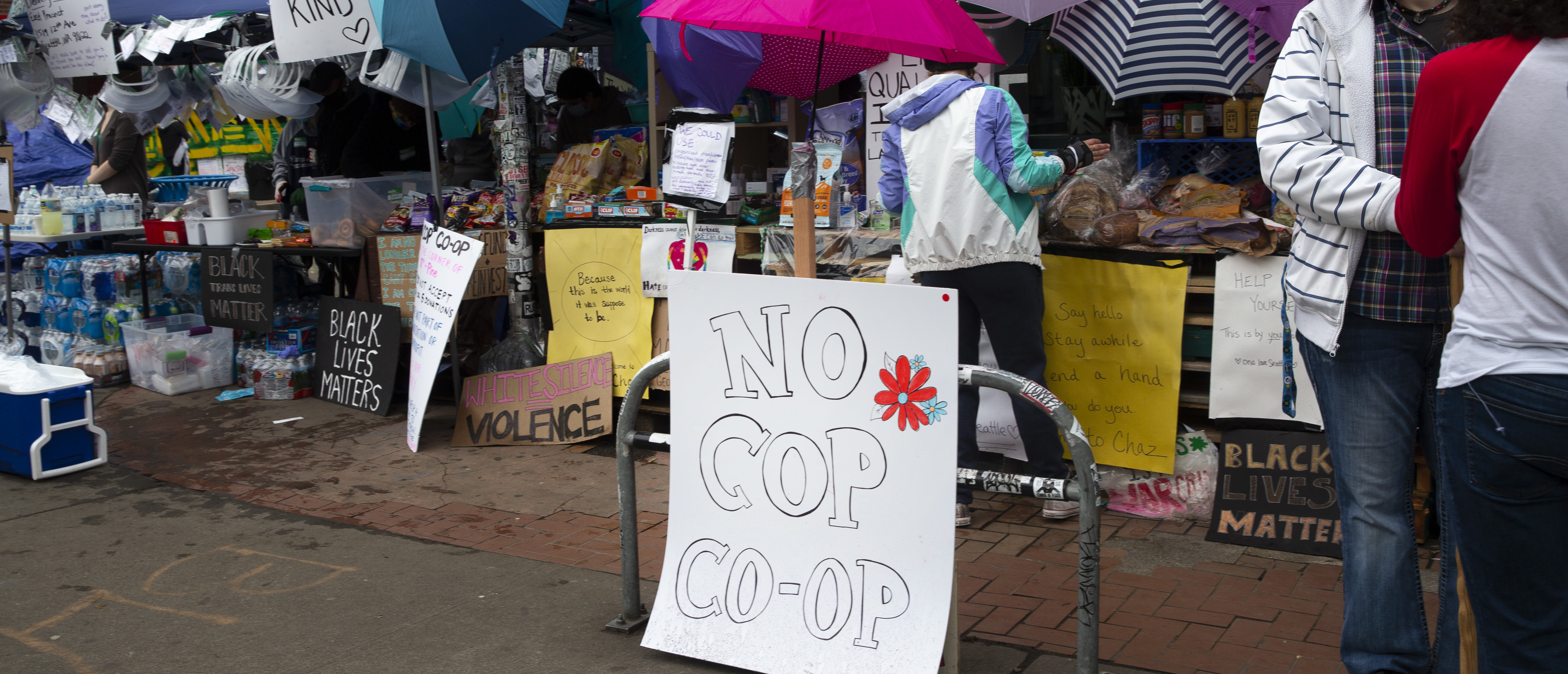 Many stands offering free items have been set up including the No Cop Co-op in an area dubbed the Capitol Hill Autonomous Zone (CHAZ) on June 12, 2020 in Seattle, Washington. (Karen Ducey/Getty Images)