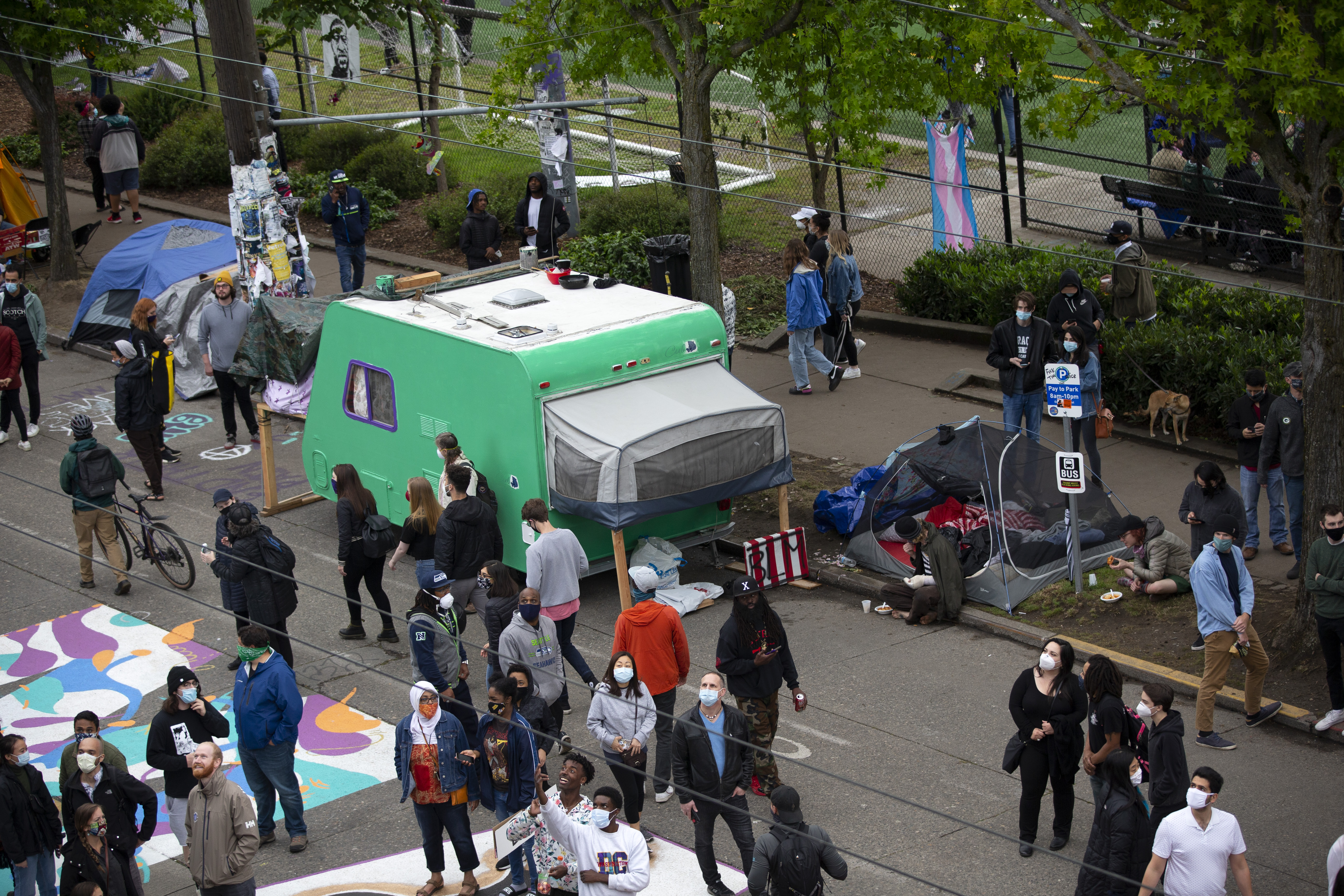 Tents and campers are set up in an area dubbed the Capitol Hill Autonomous Zone (CHAZ) on June 12, 2020 in Seattle, Washington. (Karen Ducey/Getty Images)