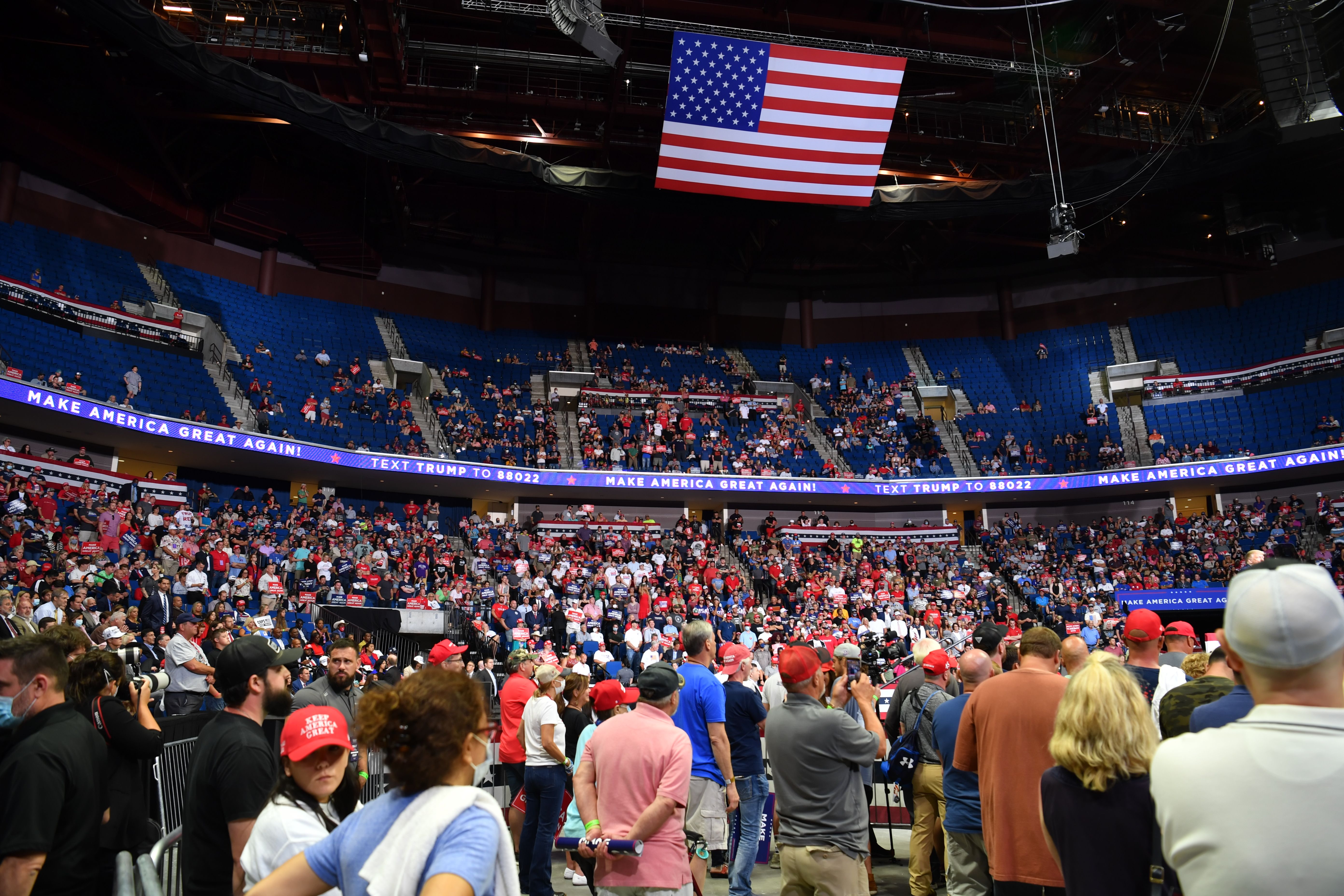 The upper section of the arena is seen partially empty as US President Donald Trump speaks during a campaign rally at the BOK Center on June 20, 2020 in Tulsa, Oklahoma. (Photo: Nicholas Kamm/AFP via Getty Images)