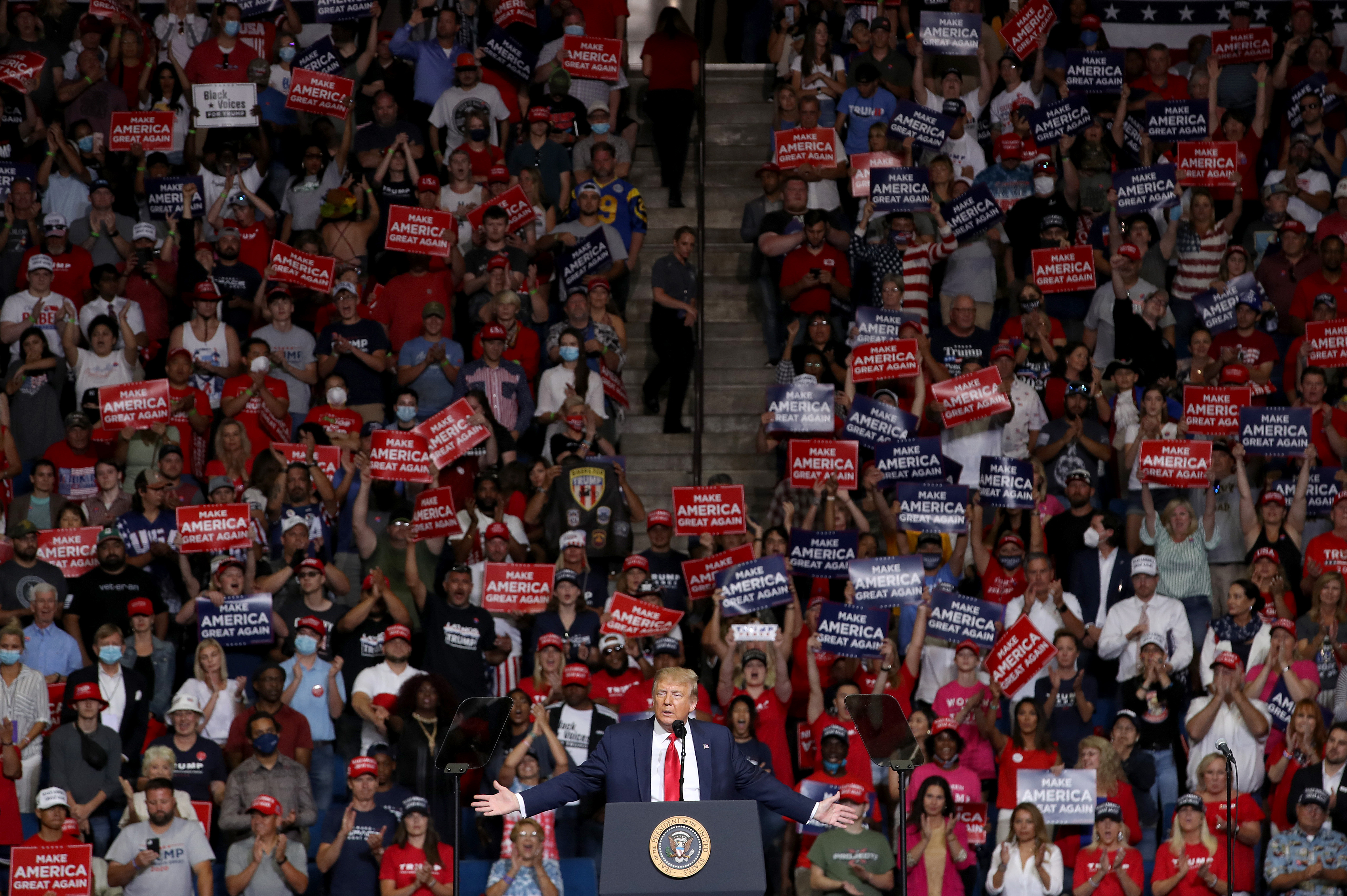 TULSA, OKLAHOMA - JUNE 20: U.S. President Donald Trump speaks at a campaign rally at the BOK Center, June 20, 2020 in Tulsa, Oklahoma. Trump is holding his first political rally since the start of the coronavirus pandemic at the BOK Center today while infection rates in the state of Oklahoma continue to rise. (Photo by Win McNamee/Getty Images)