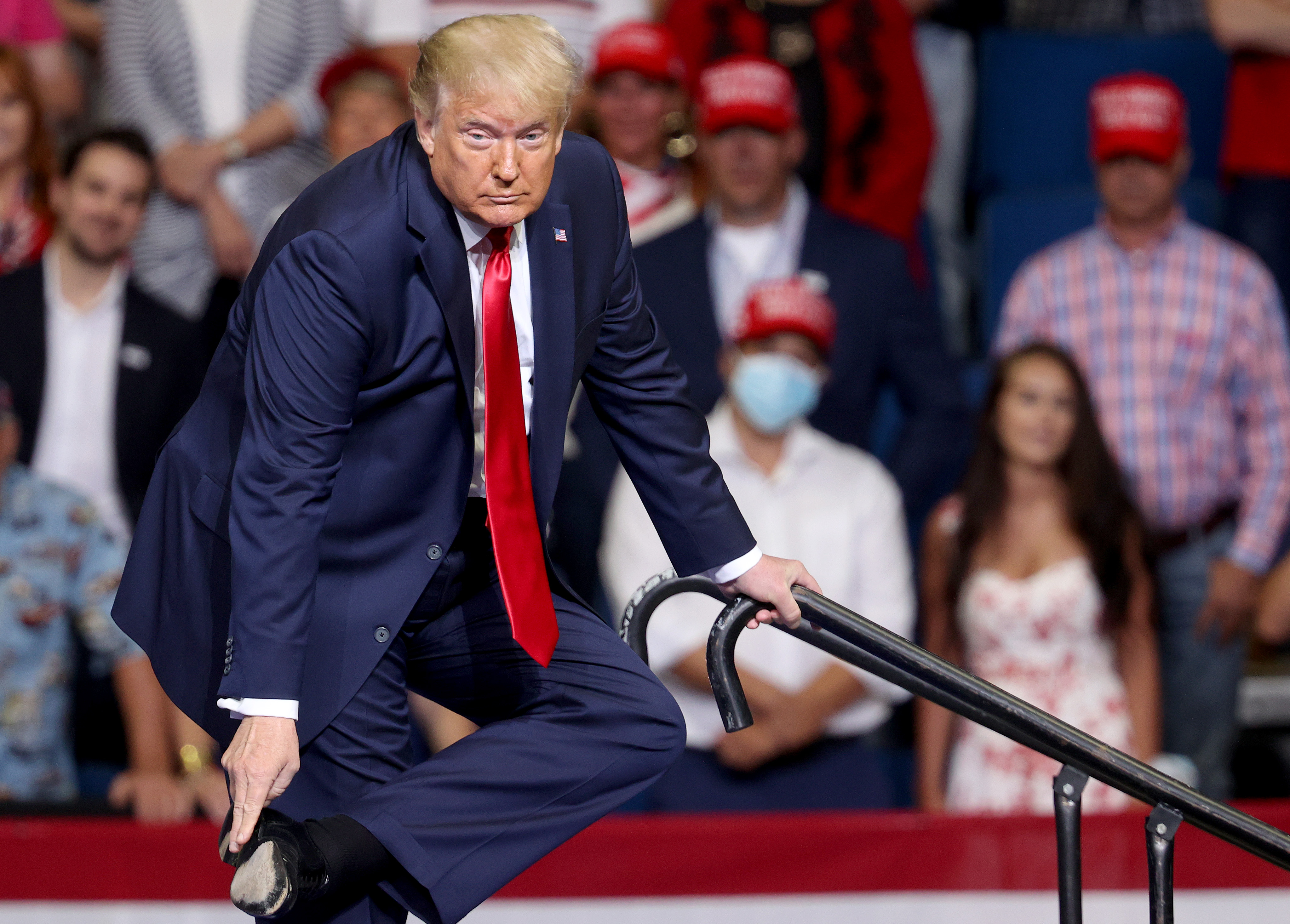 TULSA, OKLAHOMA - JUNE 20: U.S. President Donald Trump points to his shoe as he speaks at a campaign rally at the BOK Center, June 20, 2020 in Tulsa, Oklahoma. Trump is holding his first political rally since the start of the coronavirus pandemic at the BOK Center today while infection rates in the state of Oklahoma continue to rise. (Photo by Win McNamee/Getty Images)