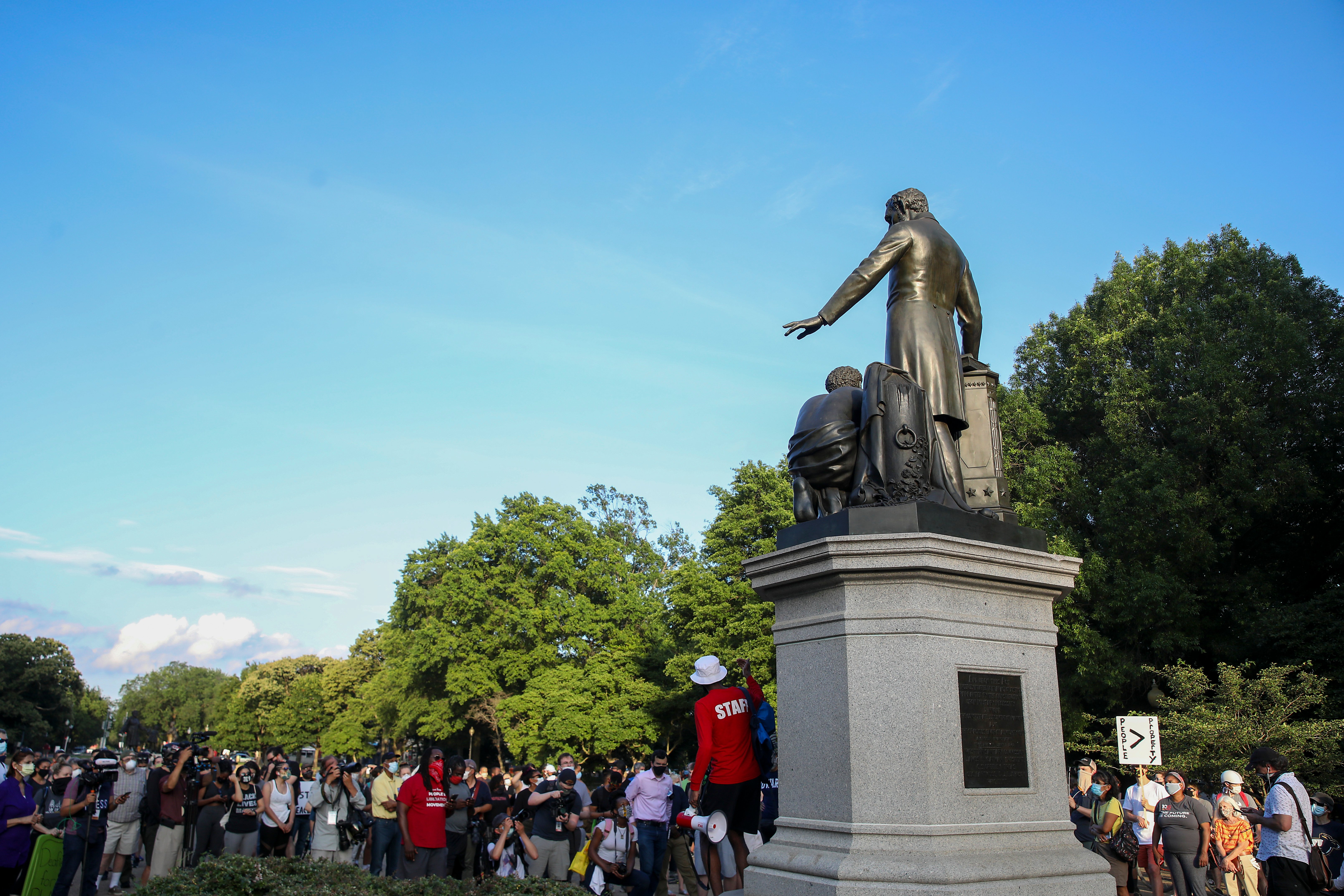WASHINGTON, DC - JUNE 23: Protesters gather at Lincoln Park to demand the Emancipation Memorial be taken down on June 23, 2020 in Washington, DC. Protesters have been demanding the removal of statues after the death of African Americans while in police custody. (Photo by Tasos Katopodis/Getty Images)