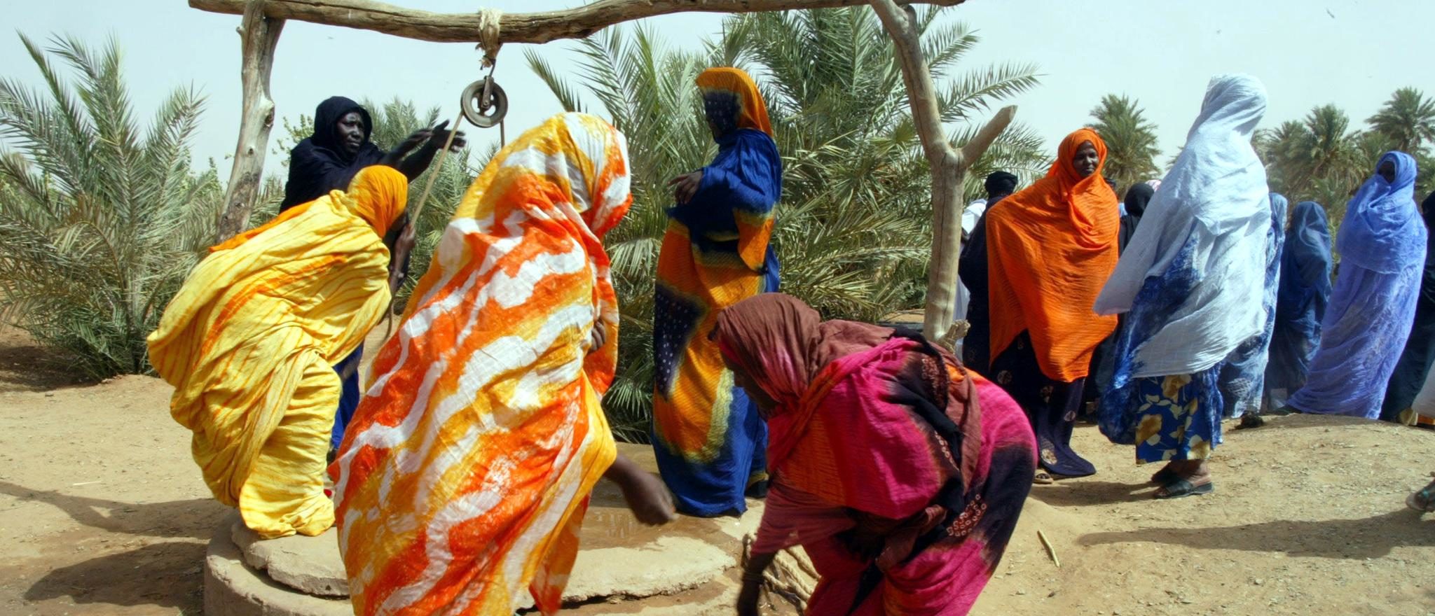 BARKEOL, MAURITANIA: Mauritanian women fetch water 08 June 2002 in the village of Barkeol, some 900 kms from the capital Nouakchott, in a garden in the middle of the desert. "The entire country is menaced by advancing sands, which destroy fertile lands," according to Mauritanian Minister of Rural Development and Environment Moustapha Ould Maoulou, who added that "poverty in Mauritania is synonymous with desertification because the majority of those living in abject poverty in our country are former nomads who have lost everything with the sand and drought." The head of the UN Food and Agriculture Organization (FAO), Jacques Diouf of Senegal, said 10 June 2002 that famines caused by drought, flooding and wars stir up world emotions while chronic hunger affecting more than 800 million people "only meets indifference." AFP PHOTO GEORES GOBET (Photo credit should read GEORGES GOBET/AFP via Getty Images)