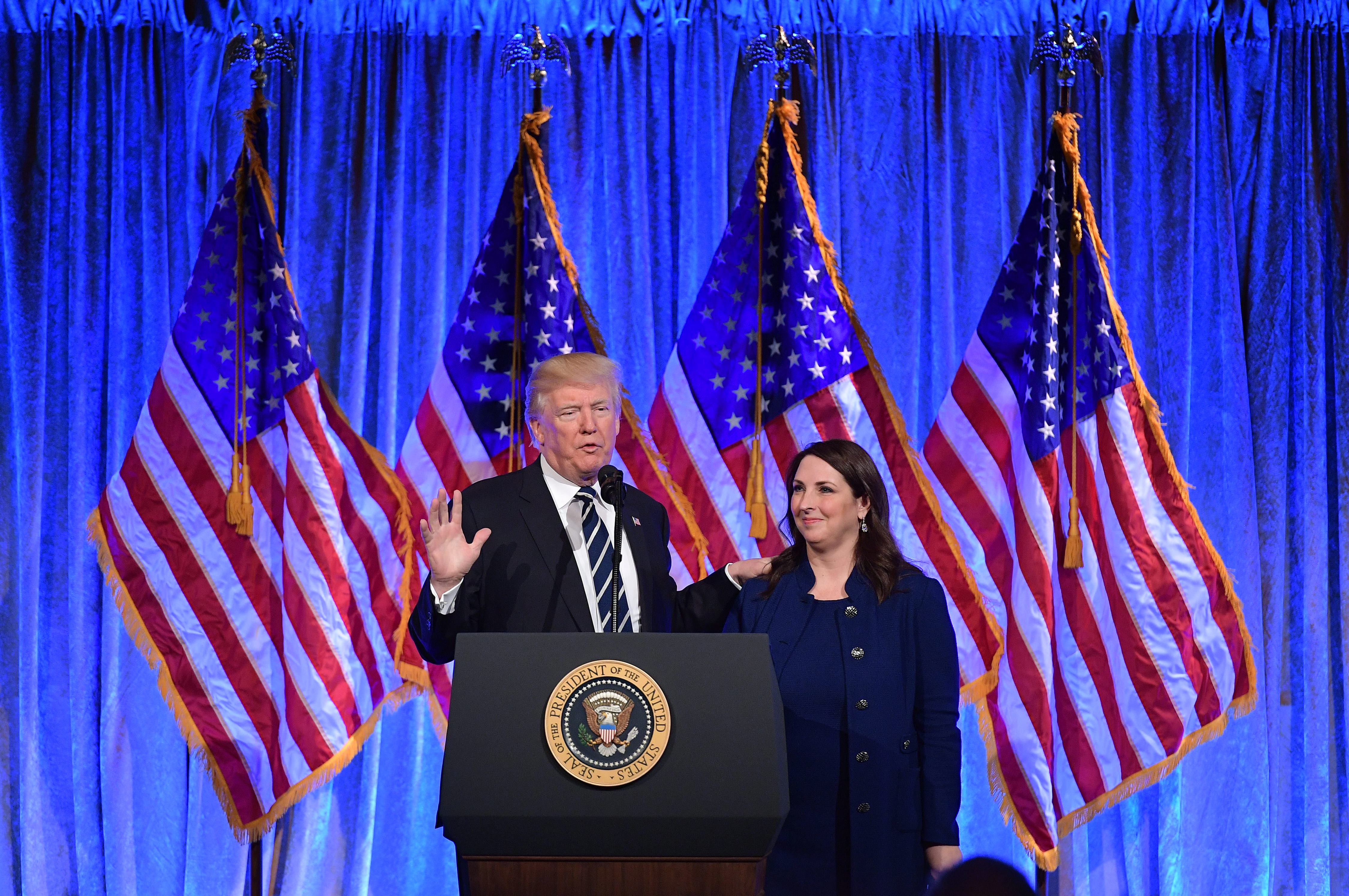 US President Donald Trump speaks after his introduction by RNC Chairwoman Ronna Romney McDaniel at a fundraising breakfast in a restaurant in New York, New York on December 2, 2017. (MANDEL NGAN/AFP via Getty Images)