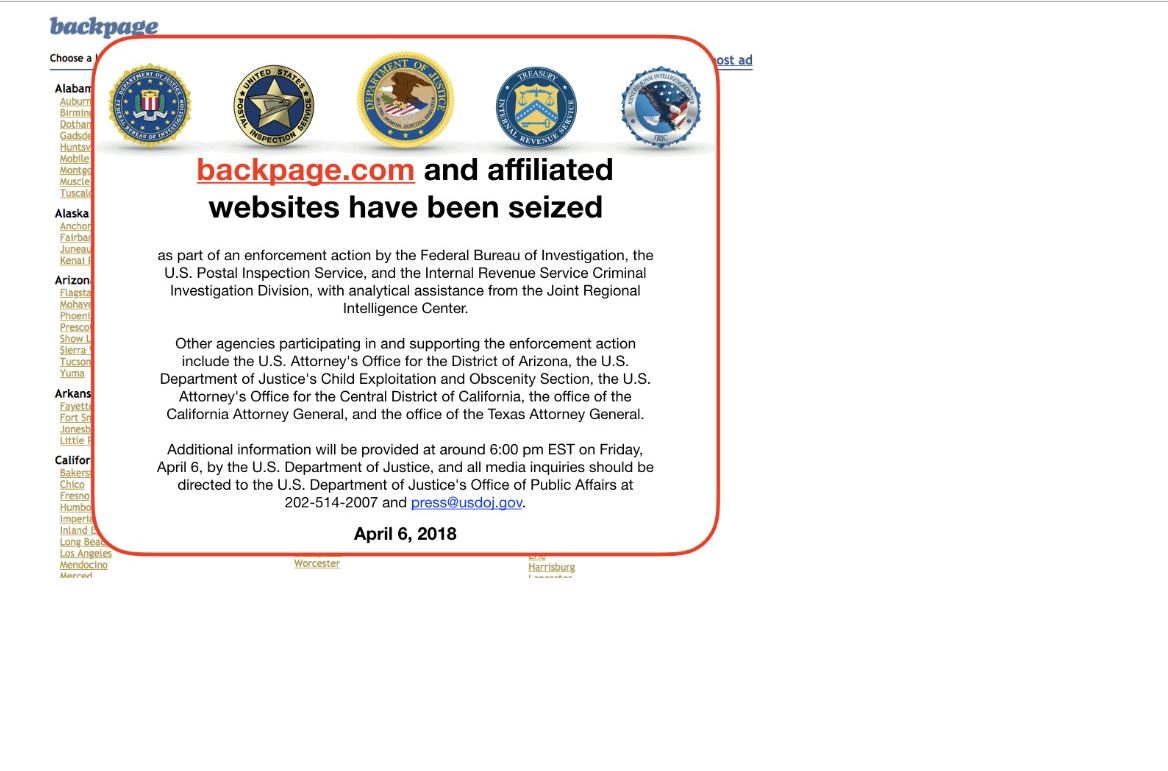 This screen grab image obtained April 9, 2018 shows backpage.com and affiliated websites that have been seized by the FBI in Washington,DC. (/AFP via Getty Images)