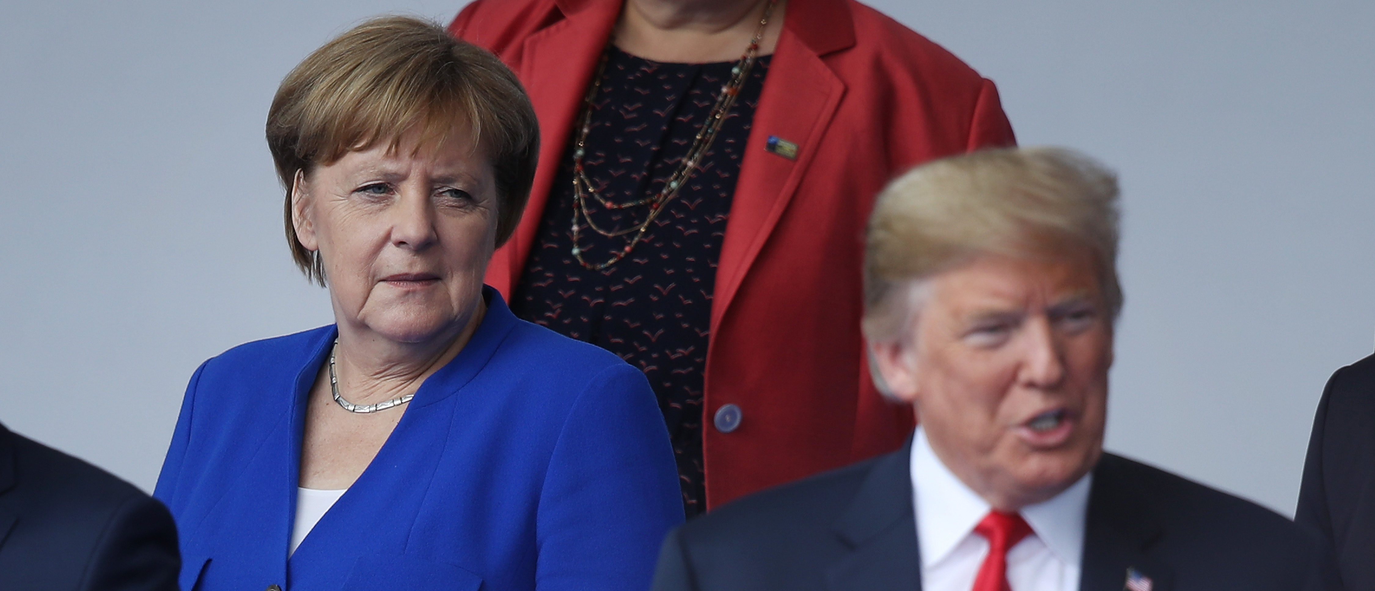 BRUSSELS, BELGIUM - JULY 11: German Chancellor Angela Merkel and U.S. President Donald Trump attend the opening ceremony at the 2018 NATO Summit at NATO headquarters on July 11, 2018 in Brussels, Belgium. Leaders from NATO member and partner states are meeting for a two-day summit, which is being overshadowed by strong demands by U.S. President Trump for most NATO member countries to spend more on defense. (Photo by Sean Gallup/Getty Images)
