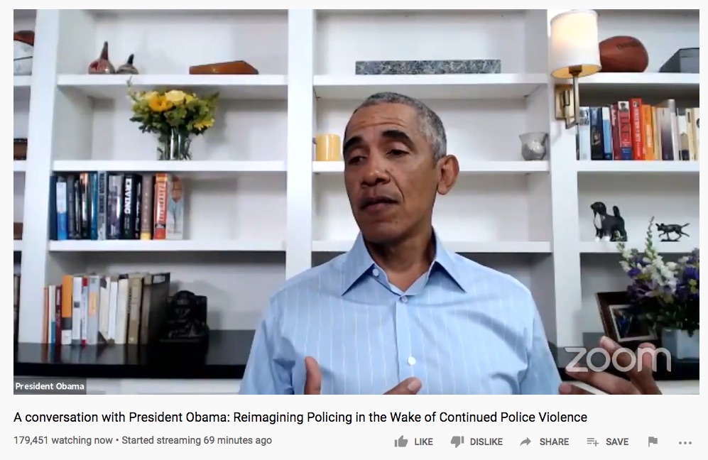 President Barack Obama delivers an interview to nearly 180,000 concurrent viewers at 6:18pm EST on Wednesday. (Screenshot/YouTube/Obama Foundation)