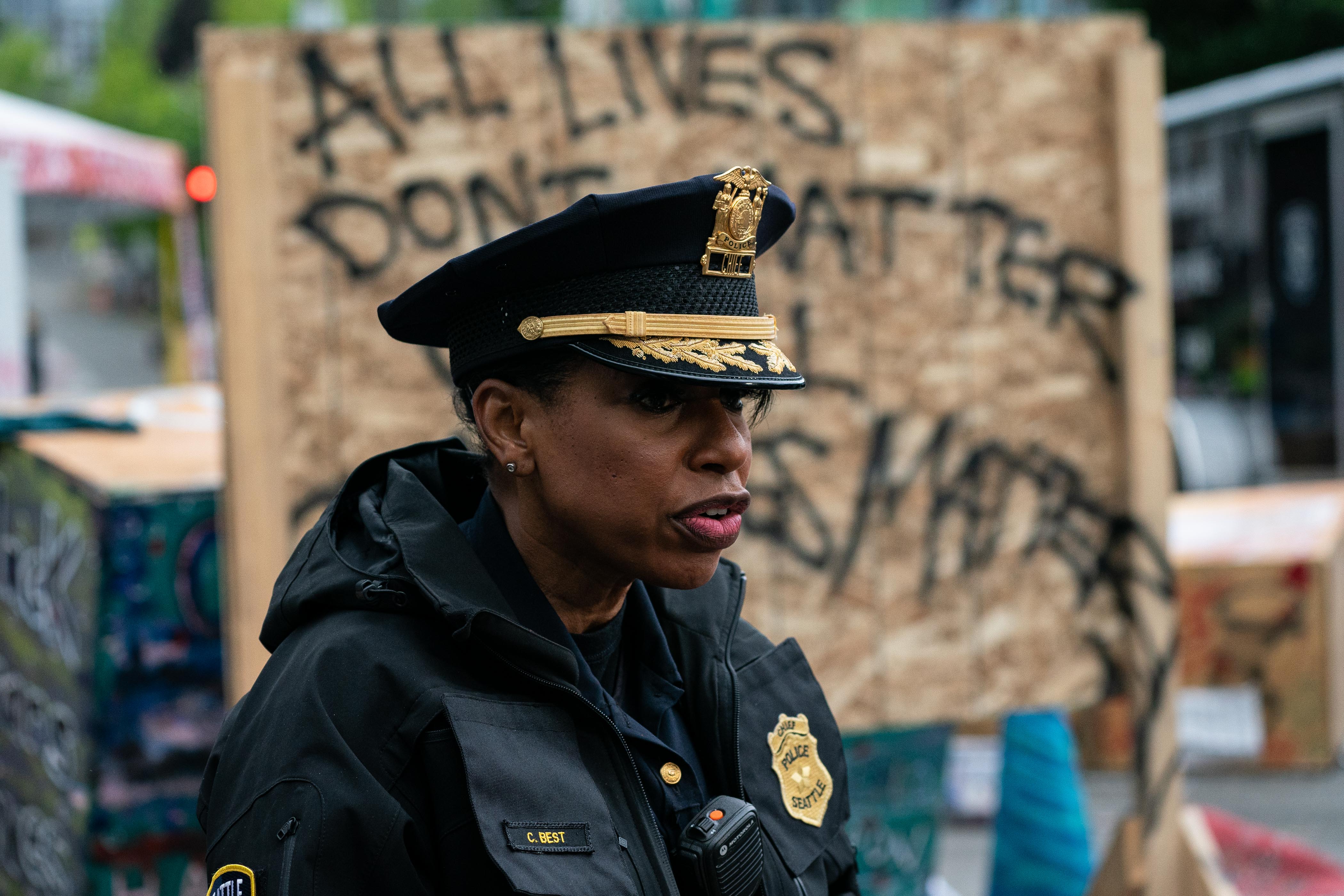 SEATTLE, WA - JULY 01: Seattle Police Chief Carmen Best addresses the press as city crews dismantle the Capitol Hill Organized Protest (CHOP) area outside of the Seattle Police Department's vacated East Precinct on July 1, 2020 in Seattle, Washington. Police reported making at least 31 arrests while clearing the CHOP area this morning. (Photo by David Ryder/Getty Images)