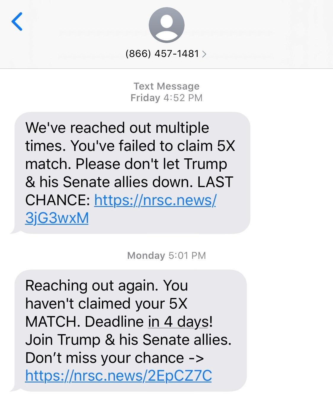 NRSC fundraising text sent to Excelsior Strategies Principal Consultant Christian Peck (Screenshot/Christian Peck)