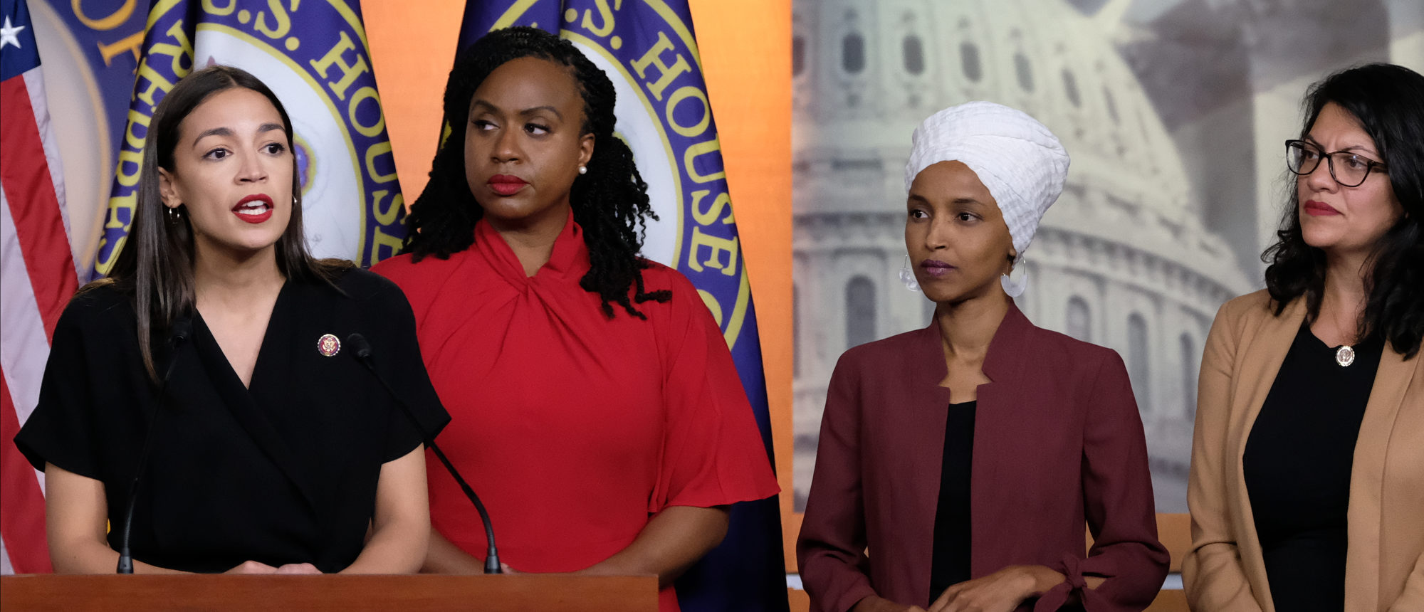 WASHINGTON, DC - JULY 15: U.S. Rep. Alexandria Ocasio-Cortez (D-NY) speaks as Reps. Ayanna Pressley (D-MA), Ilhan Omar (D-MN), and Rashida Tlaib (D-MI) listen during a press conference at the US Capitol on July 15, 2019 in Washington, DC. President Donald Trump stepped up his attacks on four progressive Democratic congresswomen, saying if they're not happy in the United States "they can leave." (Photo by Alex Wroblewski/Getty Images)