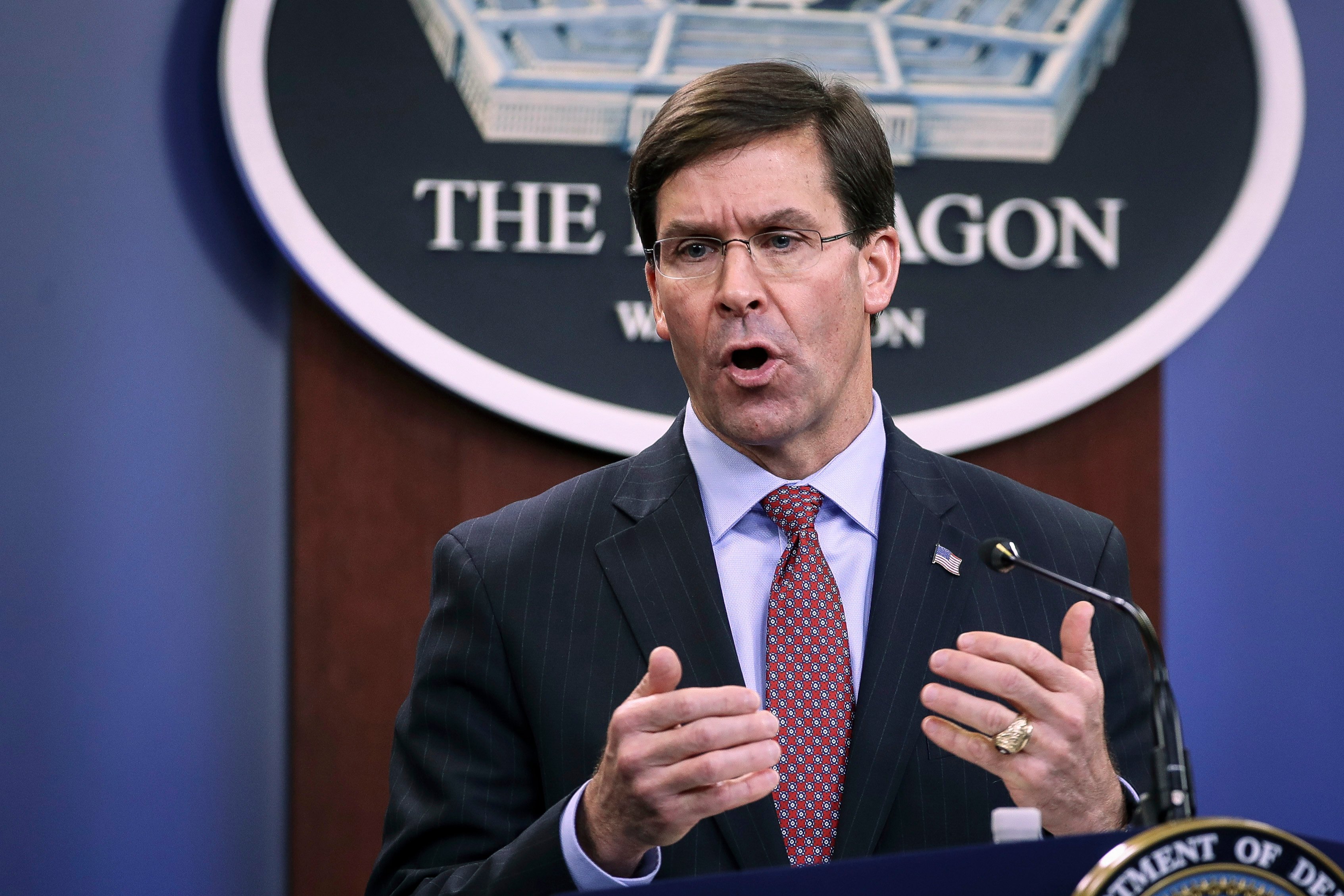 ARLINGTON, VA DECEMBER 20: Secretary of Defense Mark Esper holds an end of year press conference at the Pentagon on December 20, 2019 in Arlington, Virginia. Esper and Milley fielded questions on a wide range of topics, including the situation in North Korea and a recent Washington Post referred to as the "Afghanistan Papers." (Photo by Drew Angerer/Getty Images)