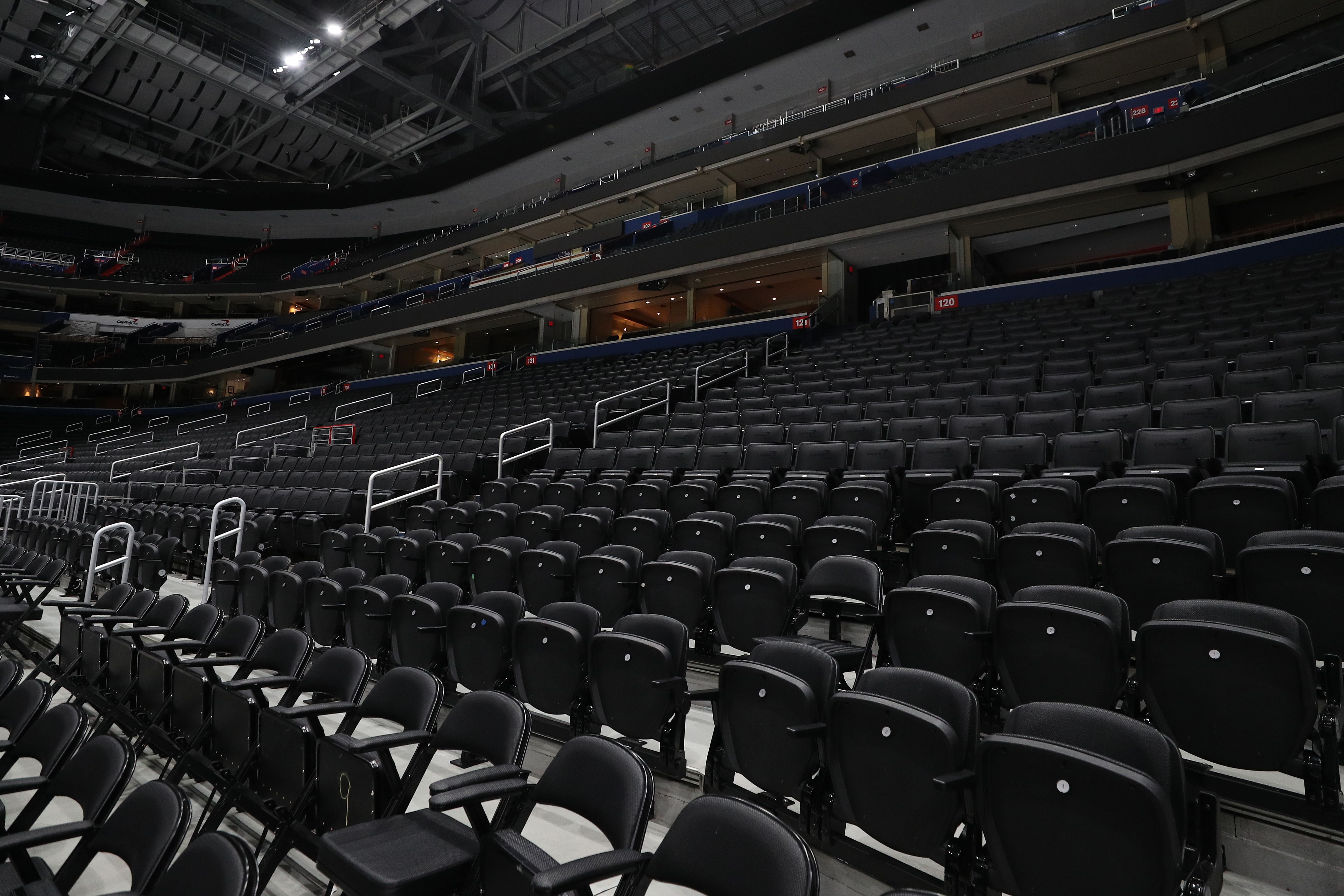 Spectator seating is empty prior to the Detroit Red Wings playing against the Washington Capitals at Capital One Arena on March 12, 2020 in Washington, DC. Yesterday, the NBA suspended their season until further notice after a Utah Jazz player tested positive for the coronavirus (COVID-19). The NHL said per a release, that the uncertainty regarding next steps regarding the coronavirus, Clubs were advised not to conduct morning skates, practices or team meetings today. (Photo by Patrick Smith/Getty Images)