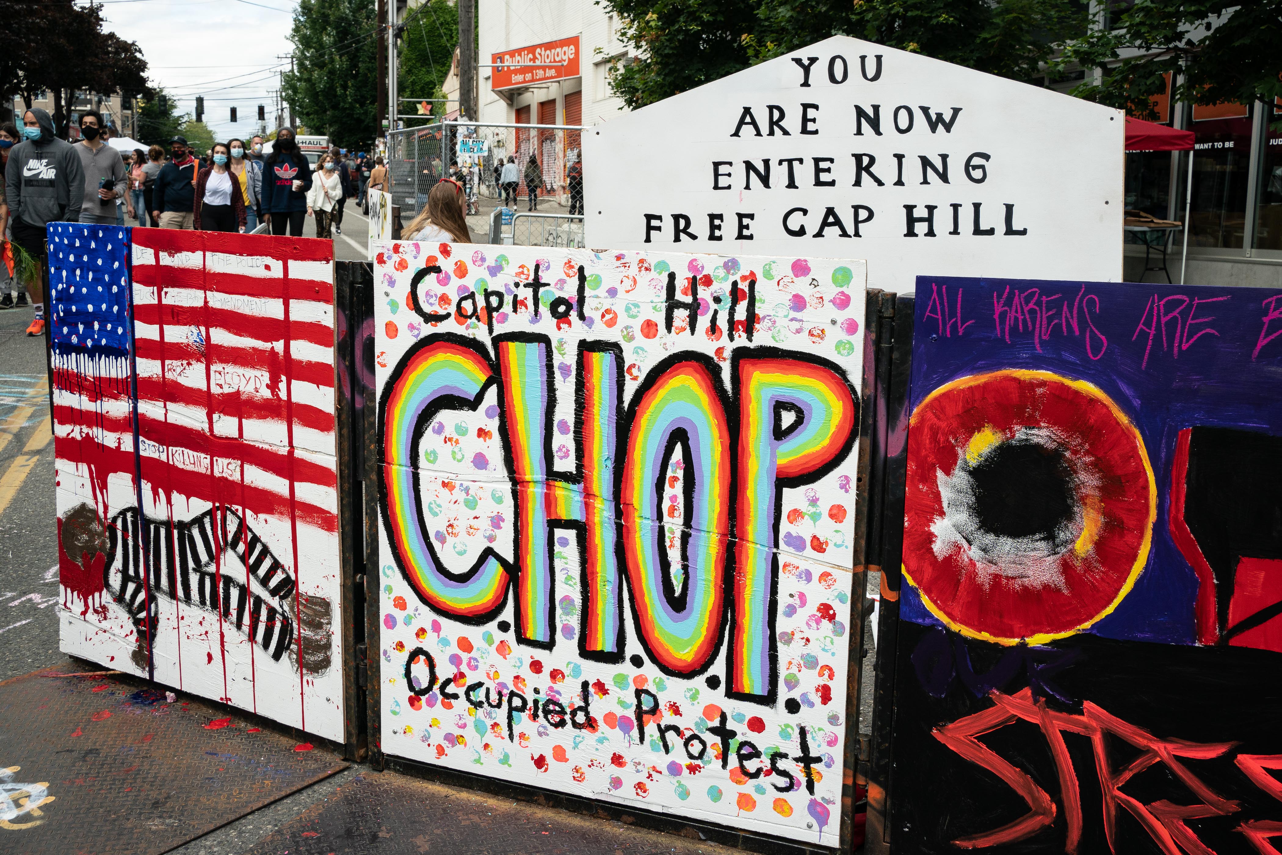 A signs reads "Capitol Hill Occupied Protest" in area that has been referred to by protesters by that name as well as "Capitol Hill Organized Protest, or CHOP, on June 14, 2020 in Seattle, Washington. (David Ryder/Getty Images)