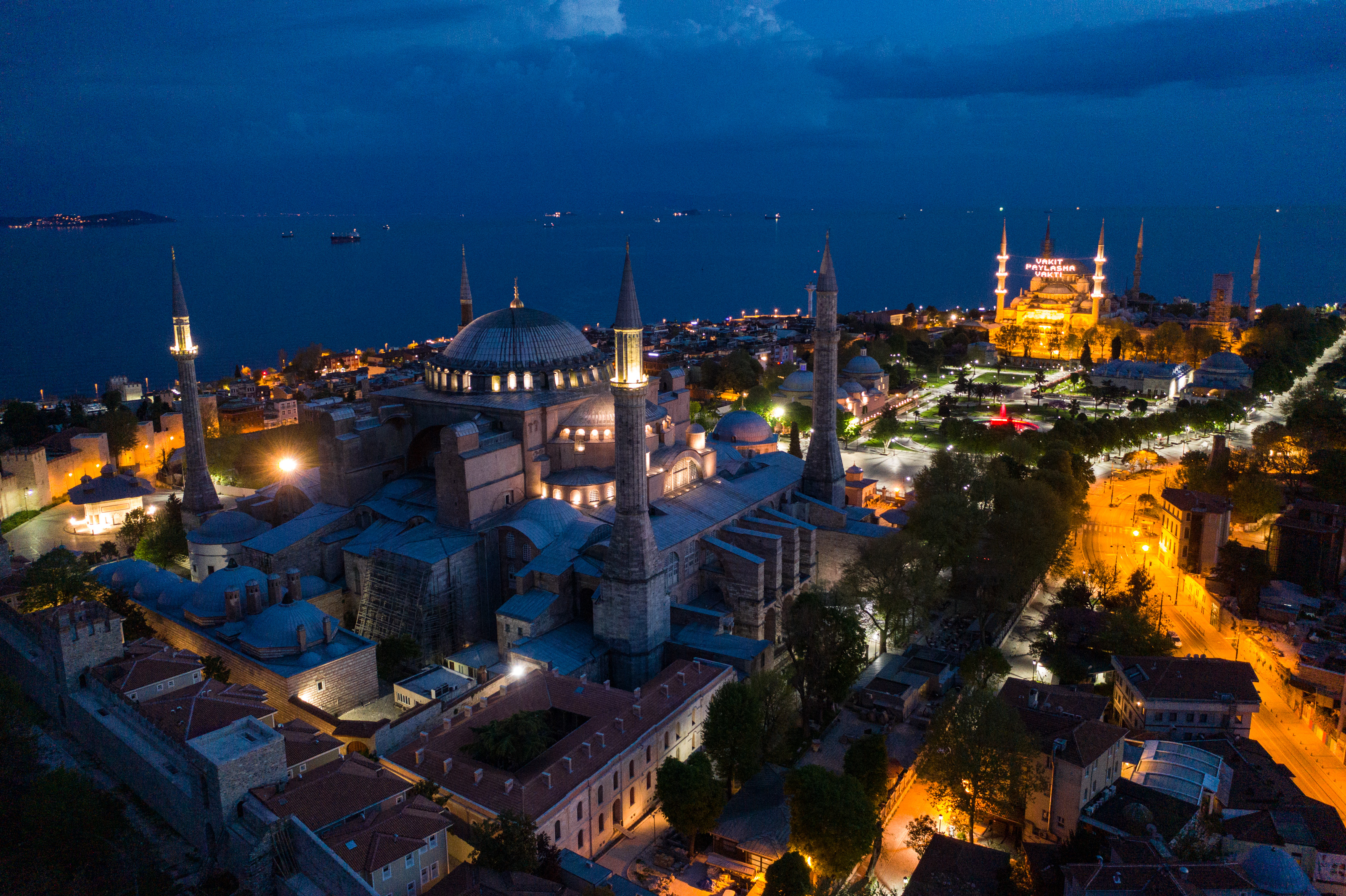 ISTANBUL, TURKEY - MAY 02: In this aerial photo from a drone, Istanbul's famoust Hagia Sophia and Blue Mosque are seen in empty Sultanahmet square during a weekend lockdown across Istanbul on May 02, 2020, in Istanbul, Turkey. (Photo by Burak Kara/Getty Images)