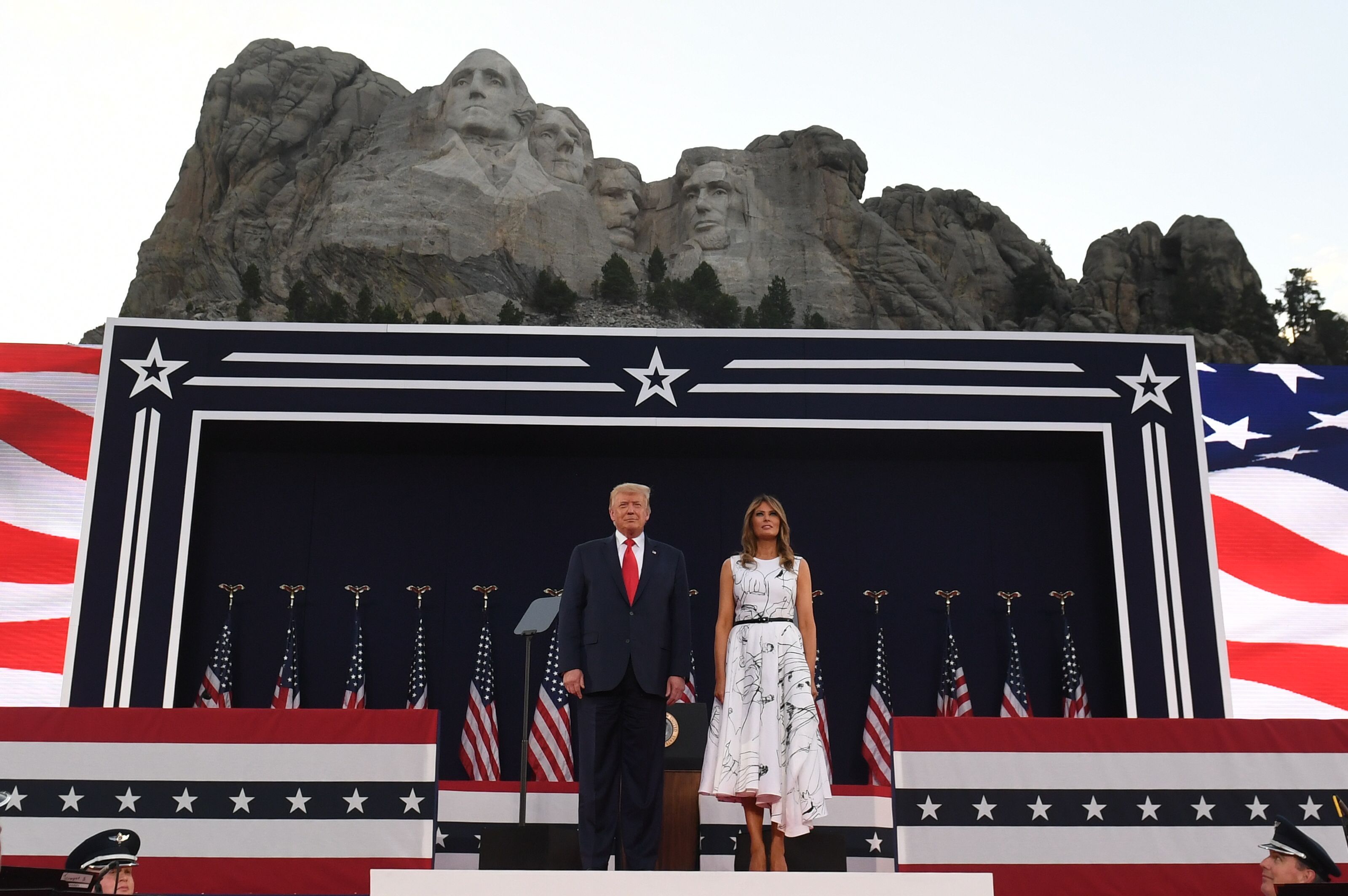 TOPSHOT - US President Donald Trump and First Lady Melania Trump attend Independence Day events at Mount Rushmore in Keystone, South Dakota, July 3, 2020. (Photo by SAUL LOEB / AFP) (Photo by SAUL LOEB/AFP via Getty Images)