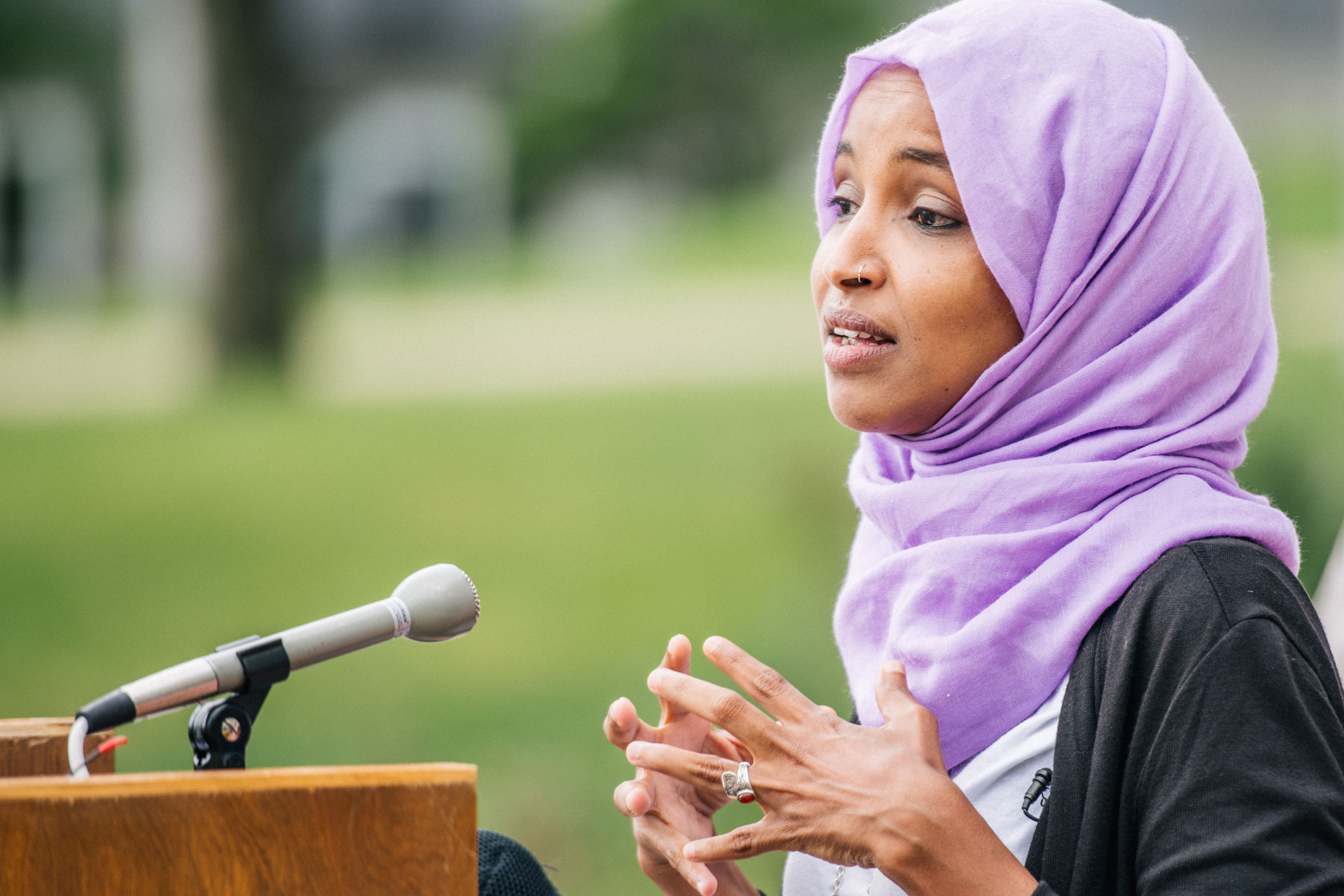 ST PAUL, MN - JULY 07: U.S. Rep. Ihan Omar (D-MN) speaks during a press conference on July 7, 2020 in St. Paul, Minnesota. A press conference was held by the Minnesota People of Color and Indigenous caucus to discuss work on the state and federal level to make systematic changes to address institutional racism. (Brandon Bell/Getty Images)