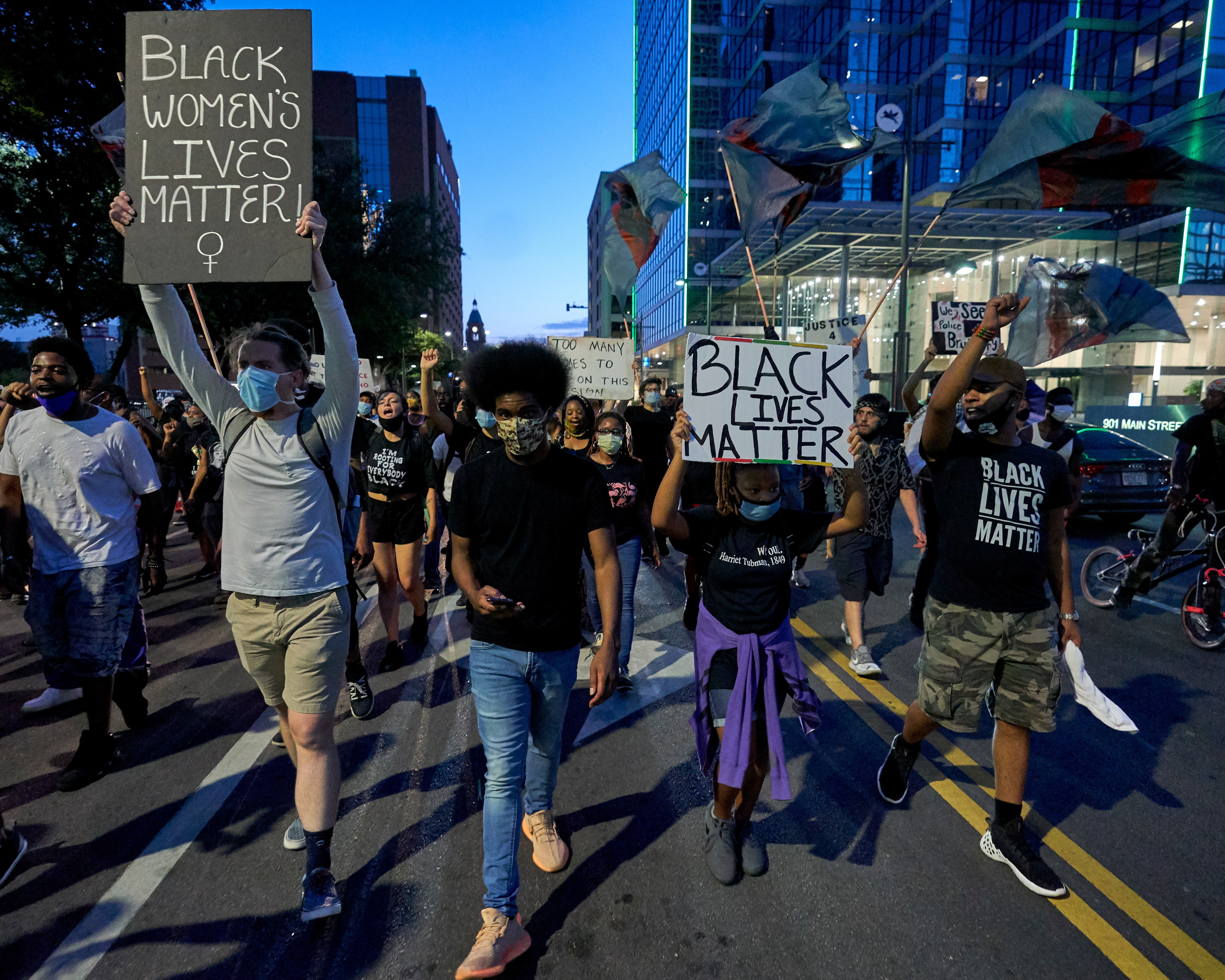 DALLAS, TX - JULY 13: Protesters march down the streets during a rally in remembrance of Sandra Bland on July 13, 2020 in Dallas, Texas. Today is the fifth anniversary of Bland's death by hanging in her jail cell three days after her arrest at a confrontational traffic stop. (Photo by Cooper Neill/Getty Images)