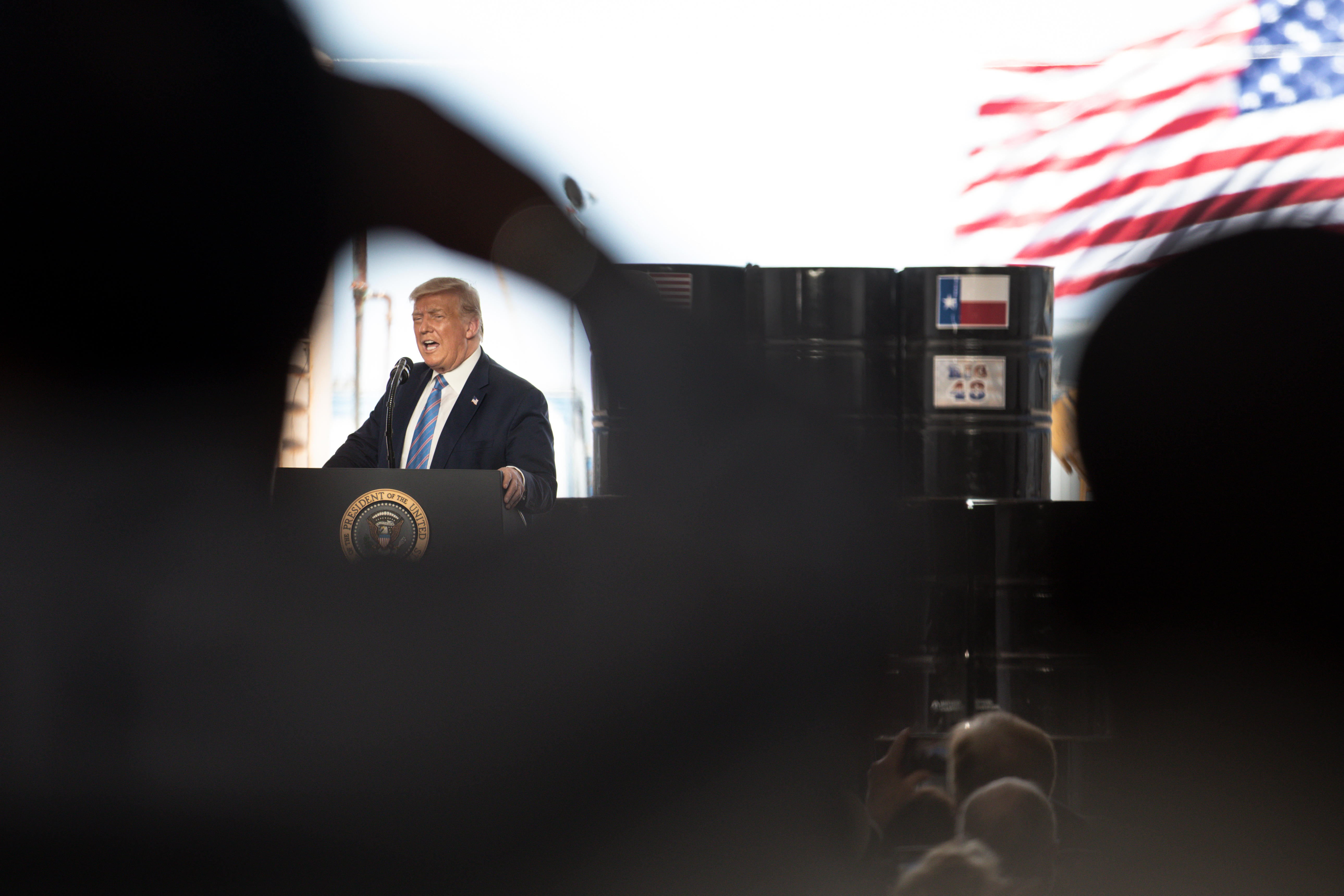 MIDLAND, TX - JULY 29: President Donald Trump speaks to city officials and employees of Double Eagle Energy on the site of an active oil rig on July 29, 2020 in Midland, Texas. Trump began his visit to the Permian Basin at a fundraising event in Odessa and concluded in Midland for a tour the oil rig and to discuss energy policy. (Photo by Montinique Monroe/Getty Images)