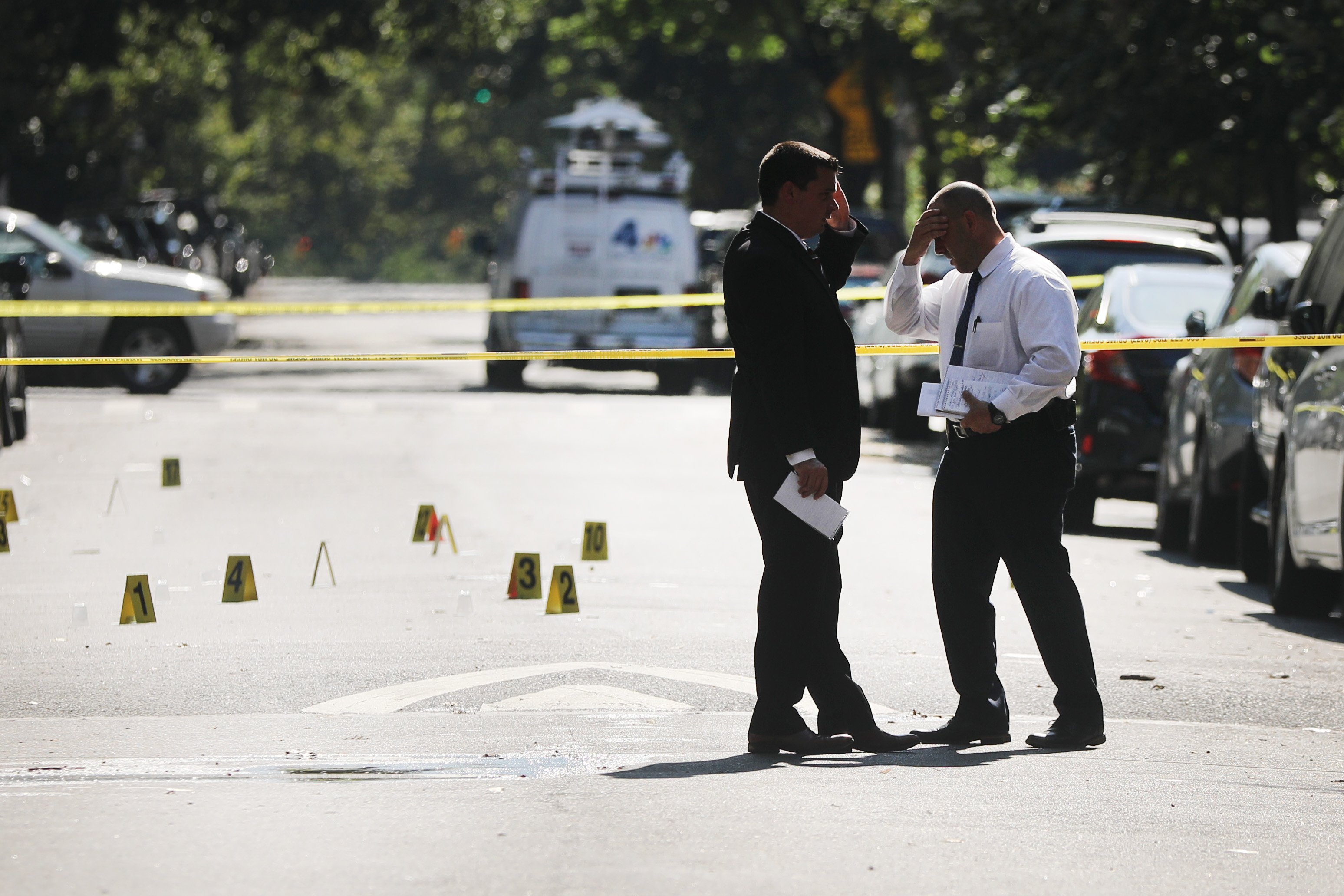Police work at a crime scene in Brooklyn where a one year old child was shot and killed on July 13, 2020 in New York City. The 1-year-old boy was shot near a playground during a Sunday picnic when gunfire erupted. Two adults were wounded in the evening shooting. New York City has witnessed a surge in gun violence over the past month with 9 people killed, including children, and 41 others wounded on the Fourth of July weekend alone. The gun violence is occurring against the backdrop of a nationwide movement to consider defunding police departments. (Photo by Spencer Platt/Getty Images)