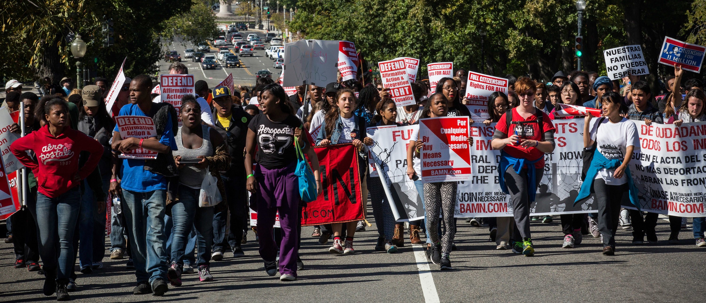 WASHINGTON, DC - OCTOBER 15: Students march from the Lincoln Memorial to the U.S. Supreme Court prior to the hearing of "Schuette v. Coalition to Defend Affirmative Action" on October 15, 2013 in Washington, DC. The case revolves around affirmative action and whether or not states have the right to ban schools from using race as a consideration in school admissions. (Photo by Andrew Burton/Getty Images)