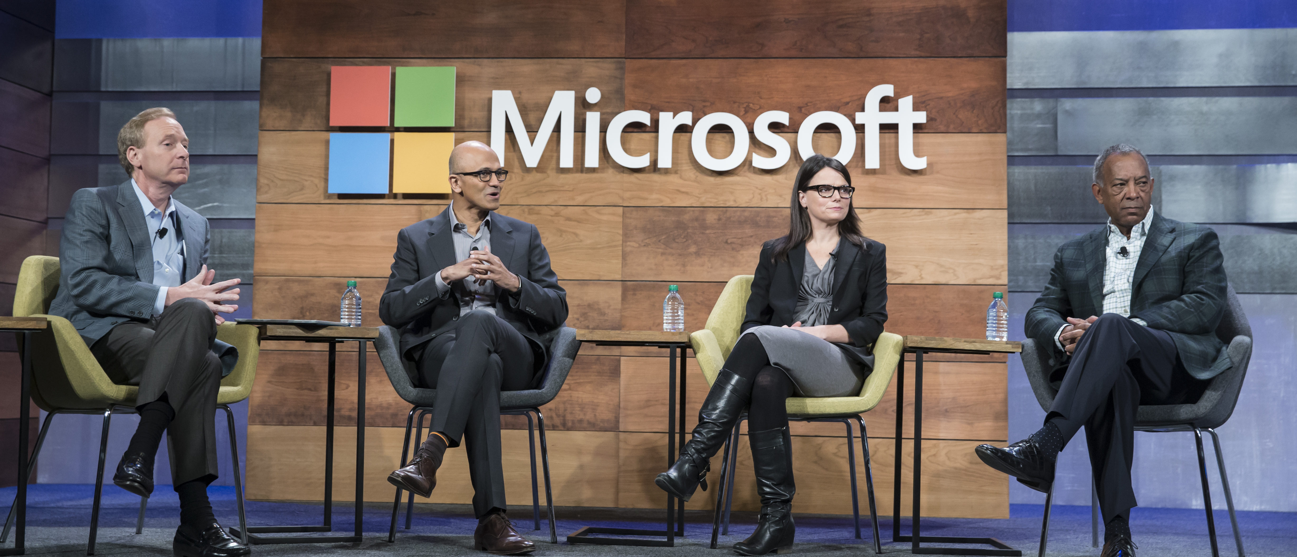 BELLEVUE, WA - DECEMBER 2: From left, Microsoft General Counsel and Executive Vice President Brad Smith Microsoft CEO Satya Nadella, Microsoft CFO and Executive Vice President Amy Hood and Microsoft Chairman of the Board John Thompson take part in the "Question and Answer" Session during the Microsoft Annual Shareholders meeting, on December 2, 2015 in Bellevue, Washington. In addition to diversity effort, the company announced the addition to two women to its board of directors. (Photo by Stephen Brashear/Getty Images)